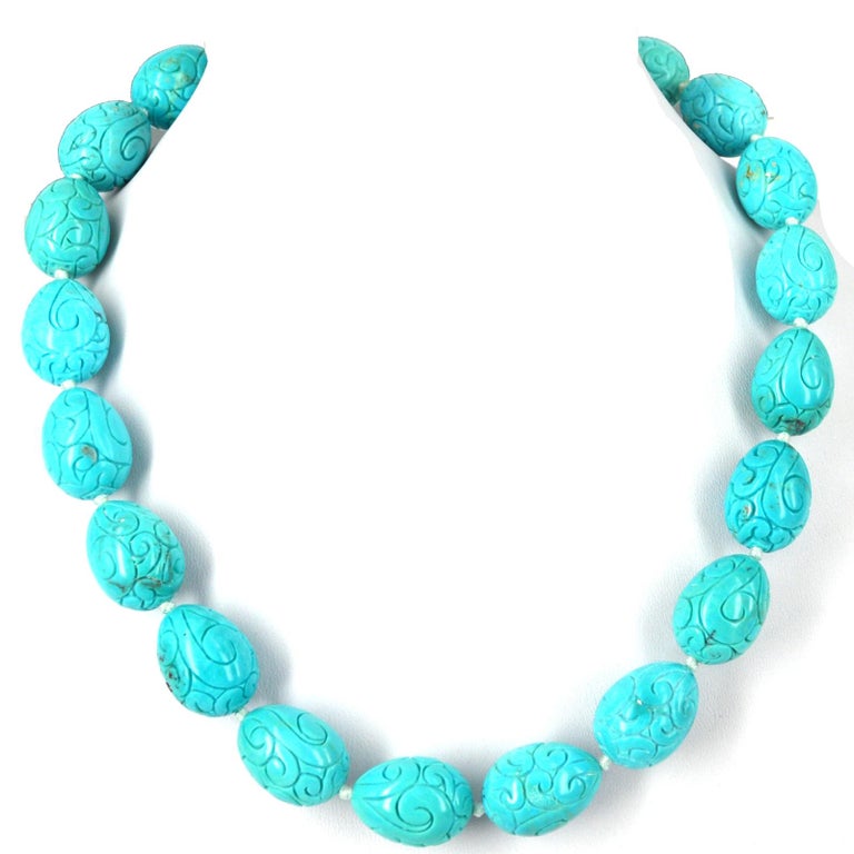 Decadent Jewels Carved Turquoise Silver Necklace In New Condition For Sale In Sydney, AU