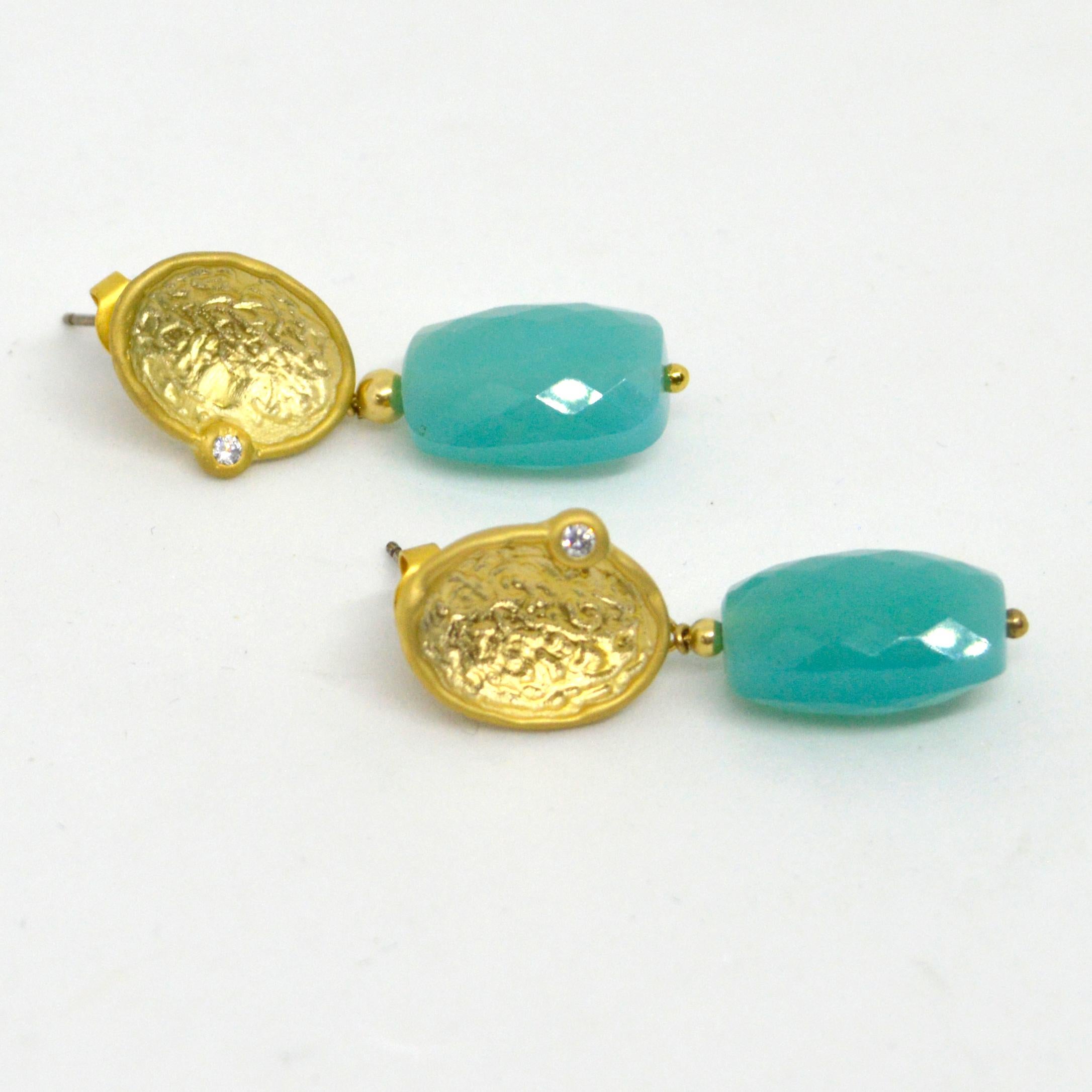 Bead Decadent Jewels Chalcedony Faceted Gold Plated Brass Stud Earrings For Sale