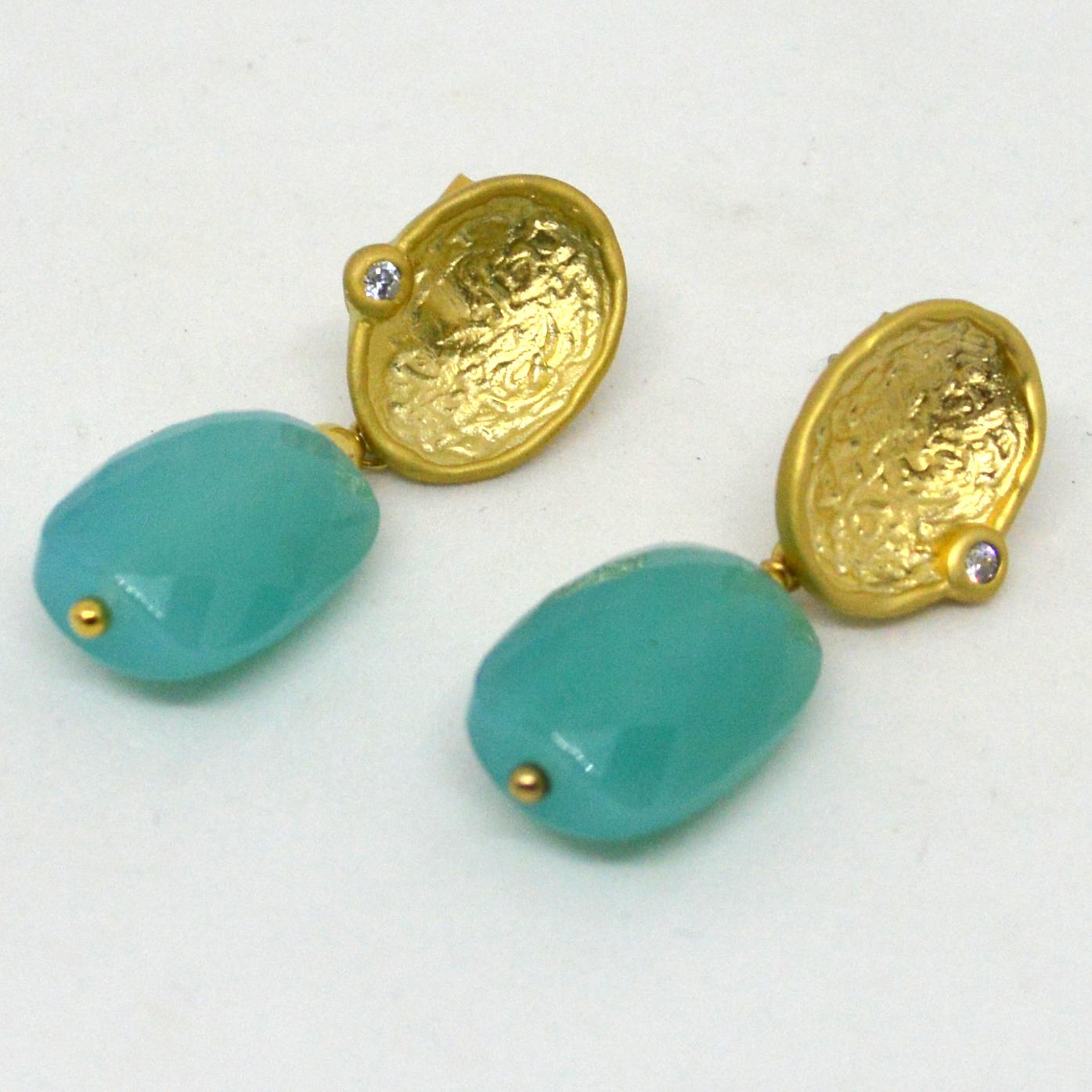 Decadent Jewels Chalcedony Faceted Gold Plated Brass Stud Earrings For Sale 1