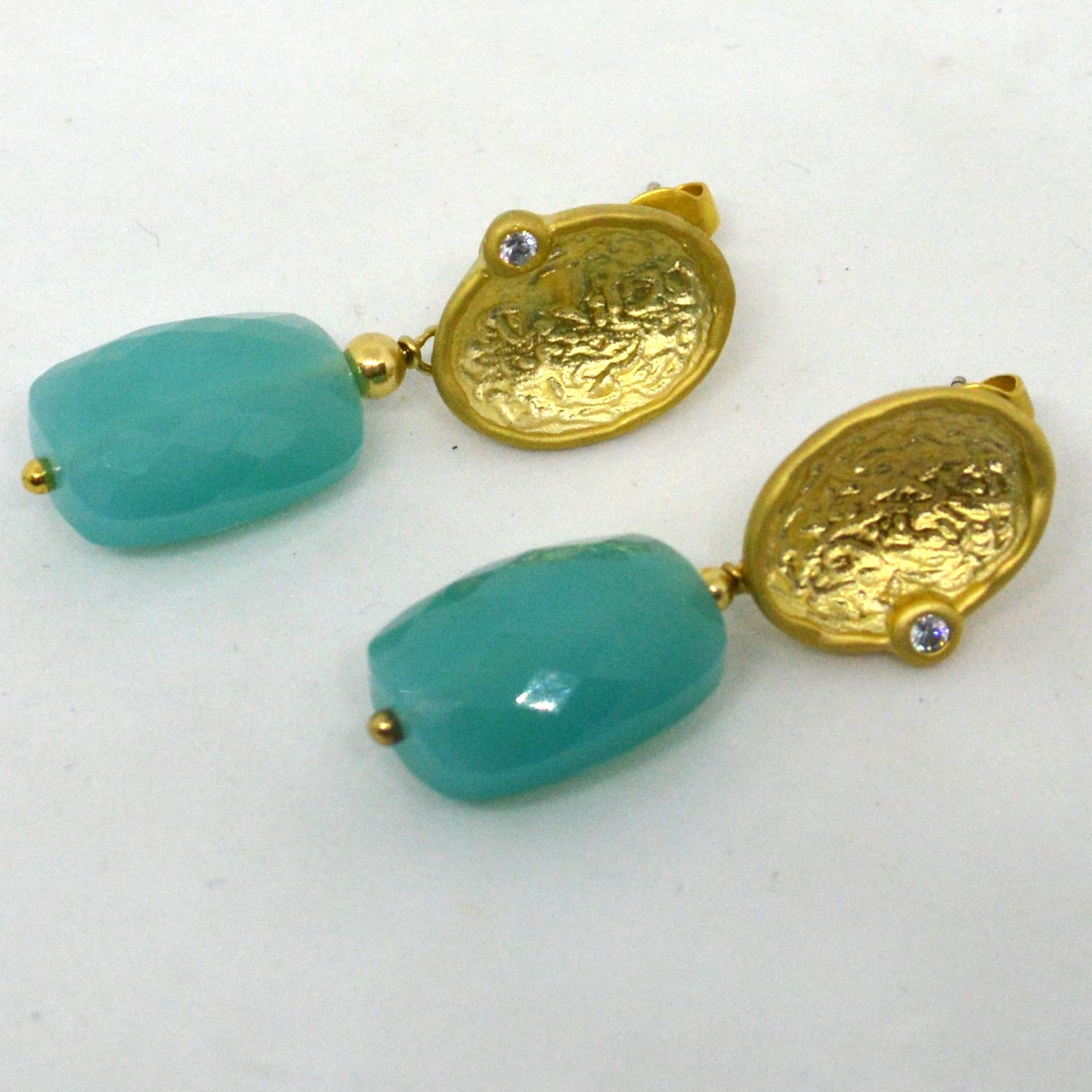 Decadent Jewels Chalcedony Faceted Gold Plated Brass Stud Earrings For Sale 2