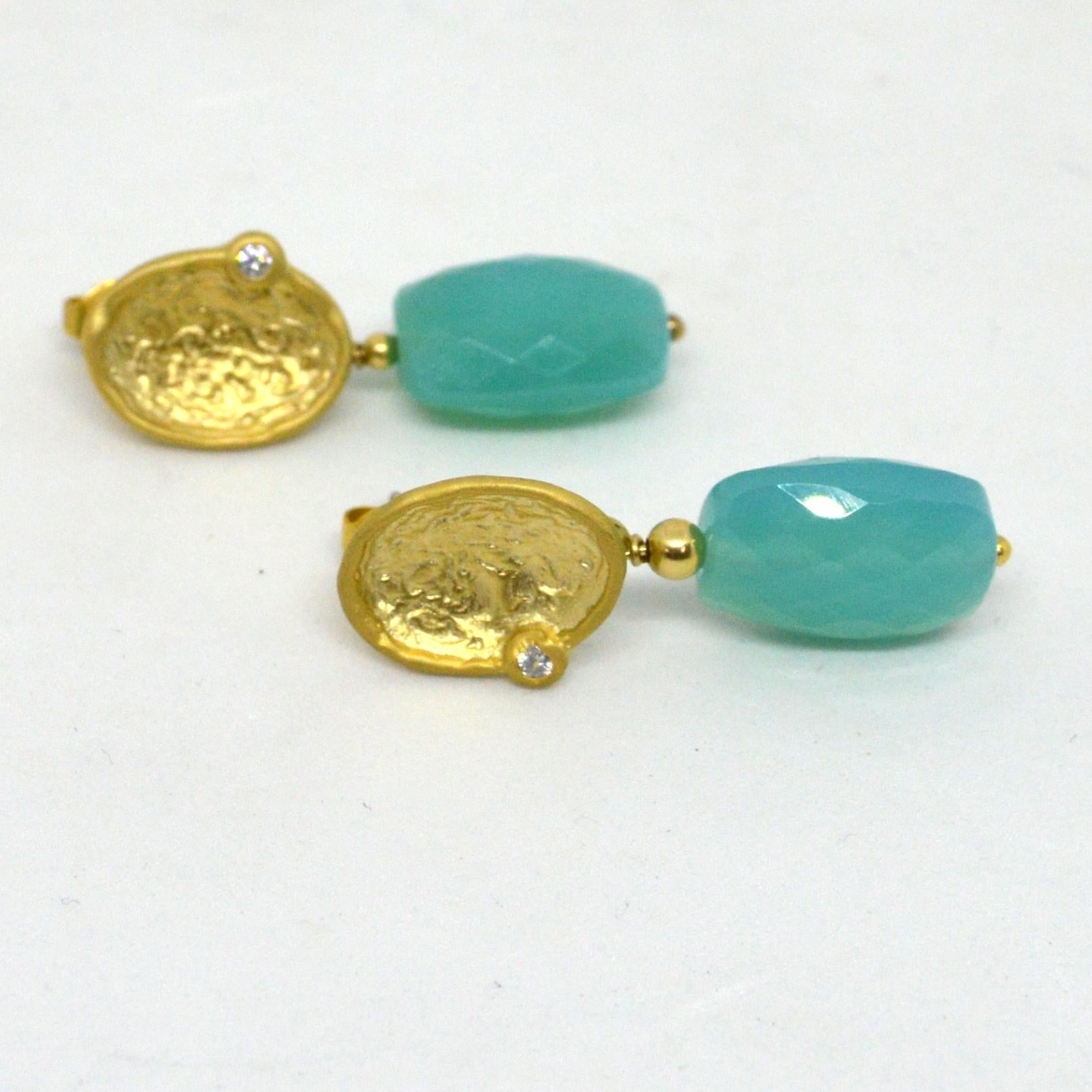 Decadent Jewels Chalcedony Faceted Gold Plated Brass Stud Earrings For Sale 3
