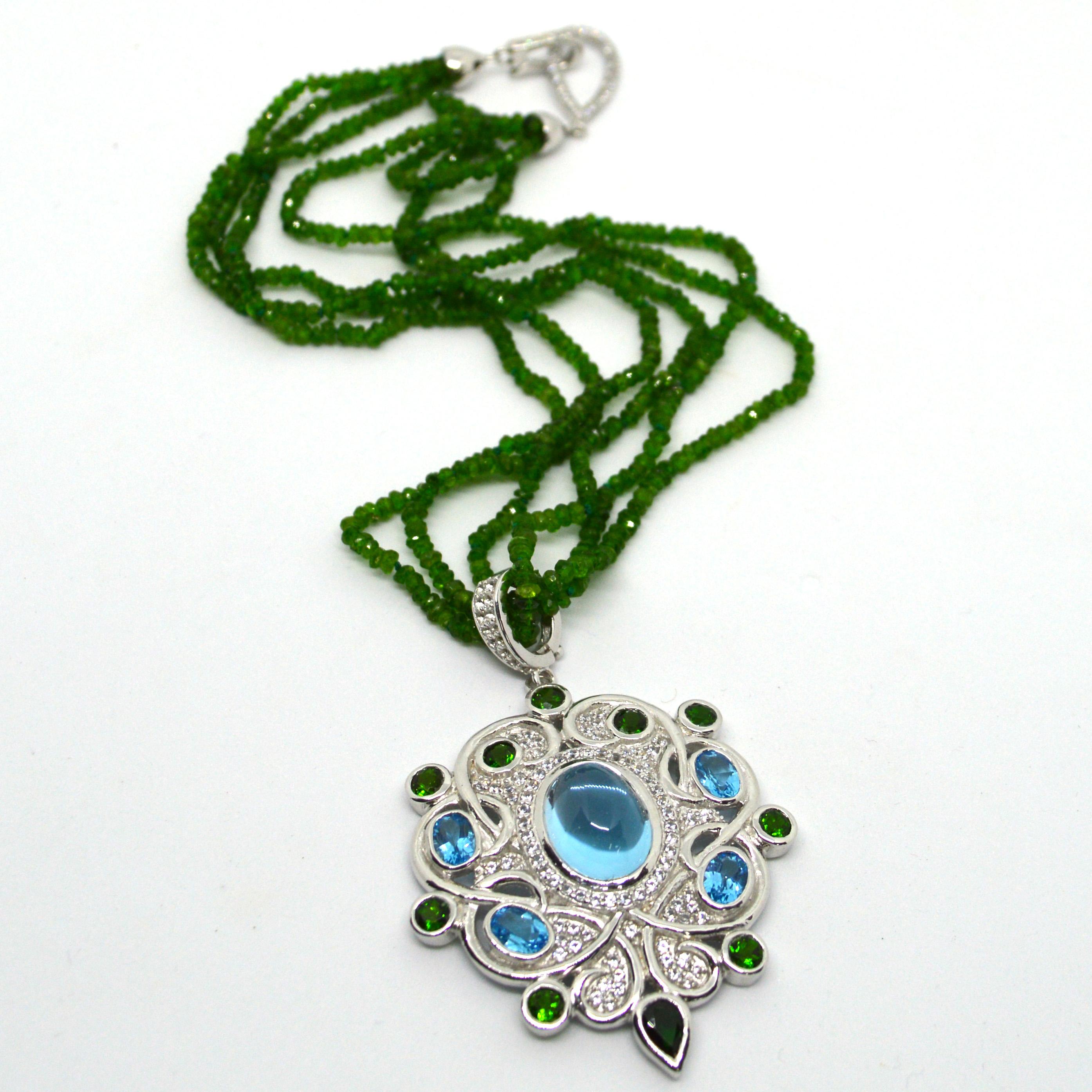 Art Deco Decadent Jewels Chrome Diopside Blue Topaz Sapphire Sterling Silver Necklace For Sale