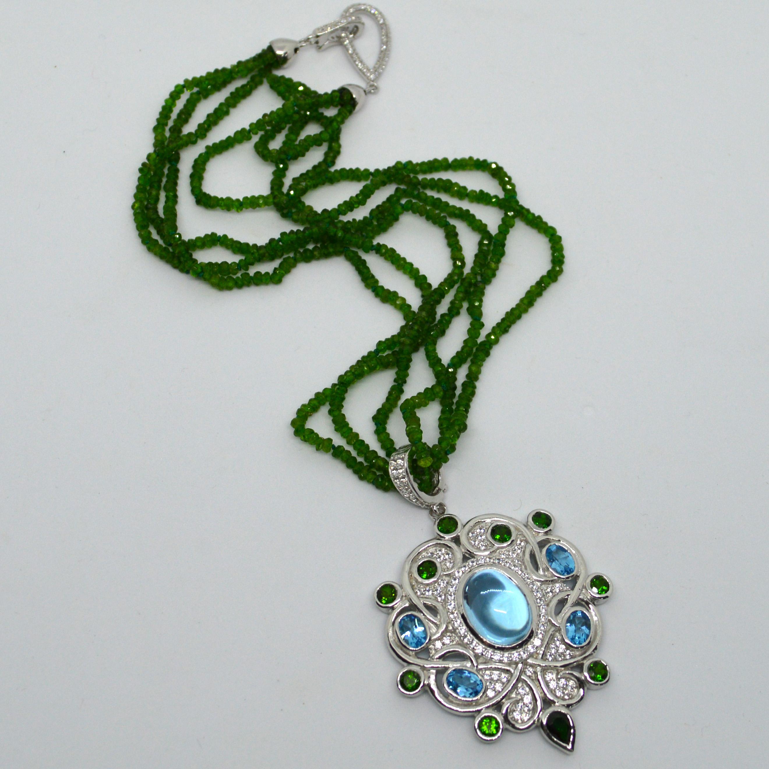 Marquise Cut Decadent Jewels Chrome Diopside Blue Topaz Sapphire Sterling Silver Necklace For Sale