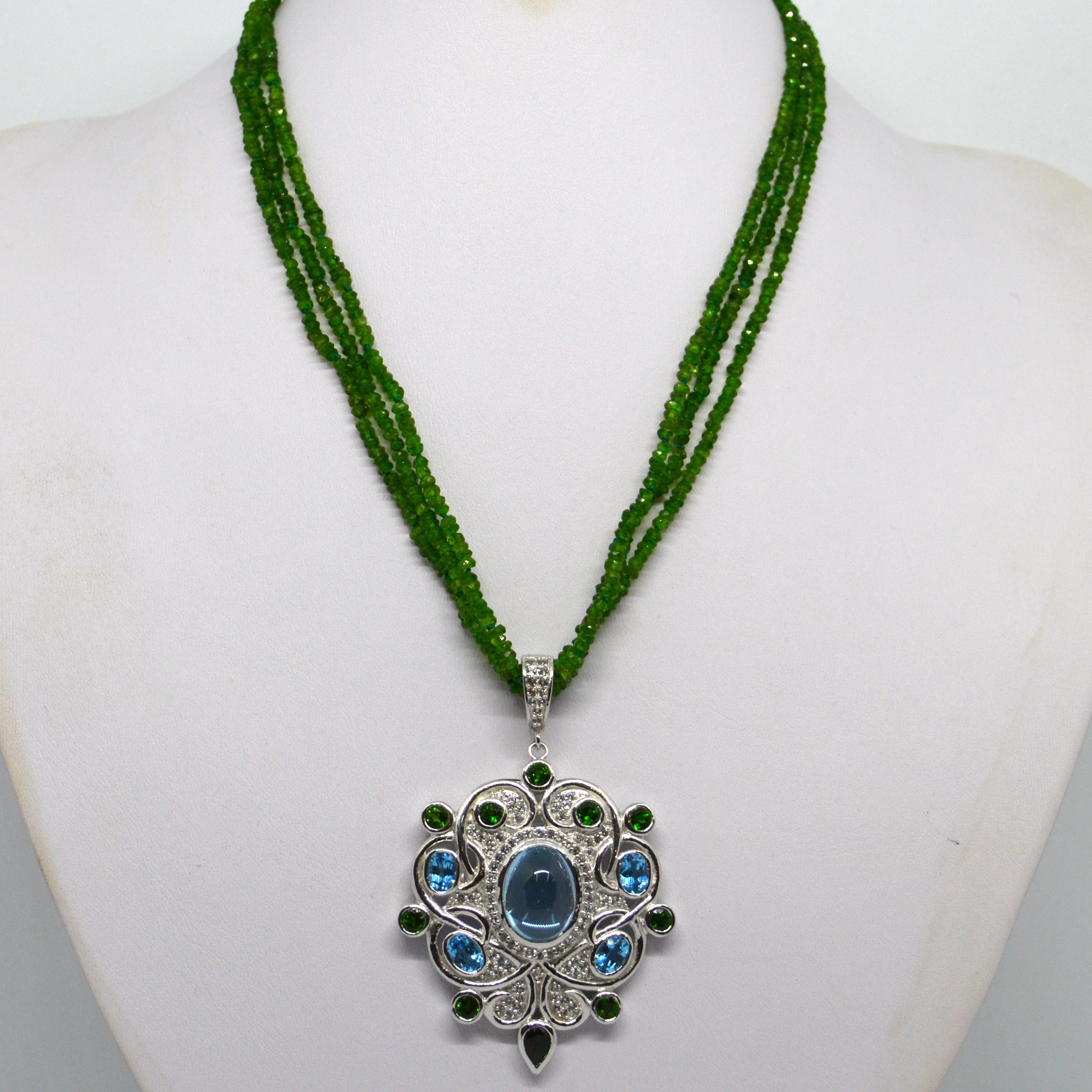 Women's Decadent Jewels Chrome Diopside Blue Topaz Sapphire Sterling Silver Necklace For Sale