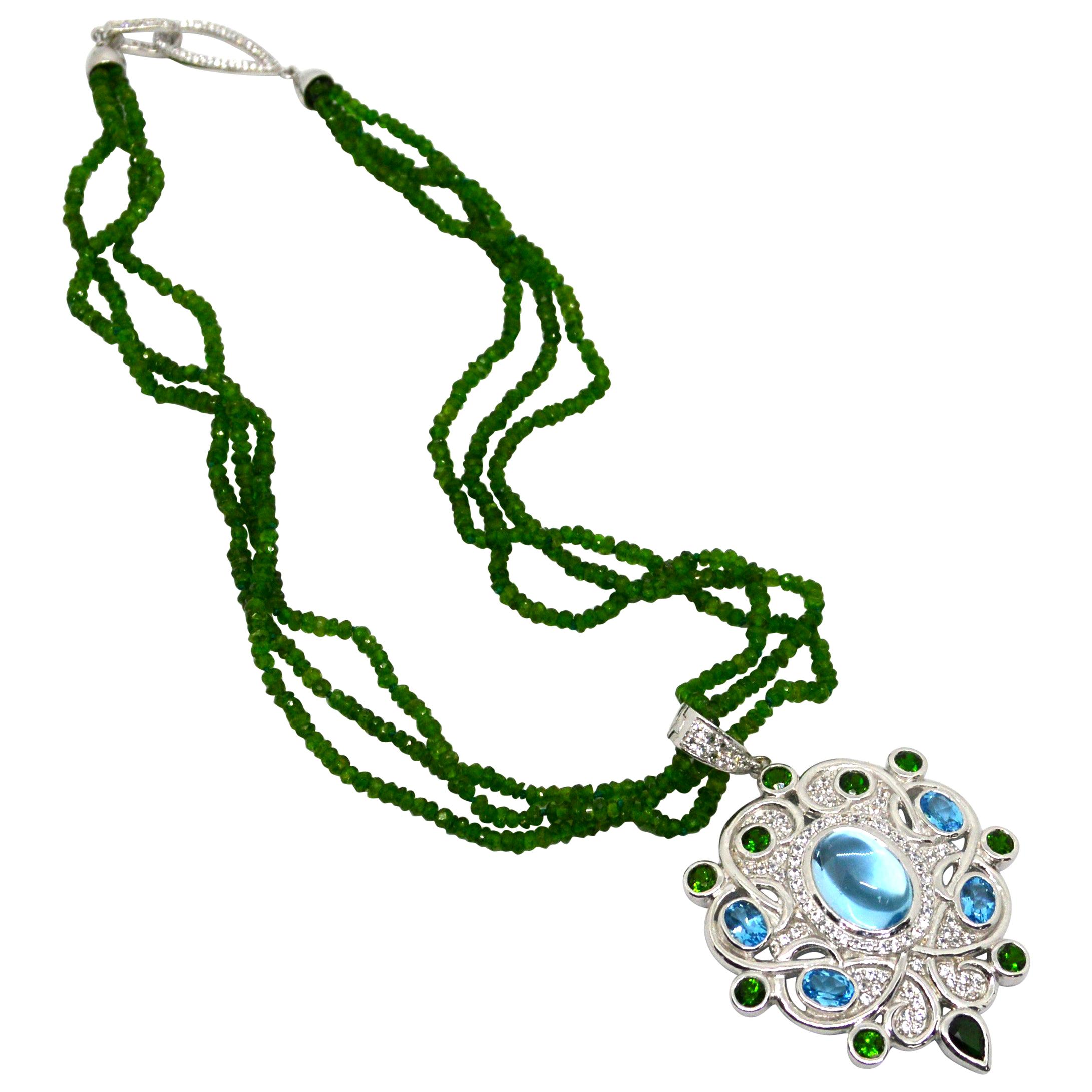 Decadent Jewels Chrome Diopside Blue Topaz Sapphire Sterling Silver Necklace For Sale