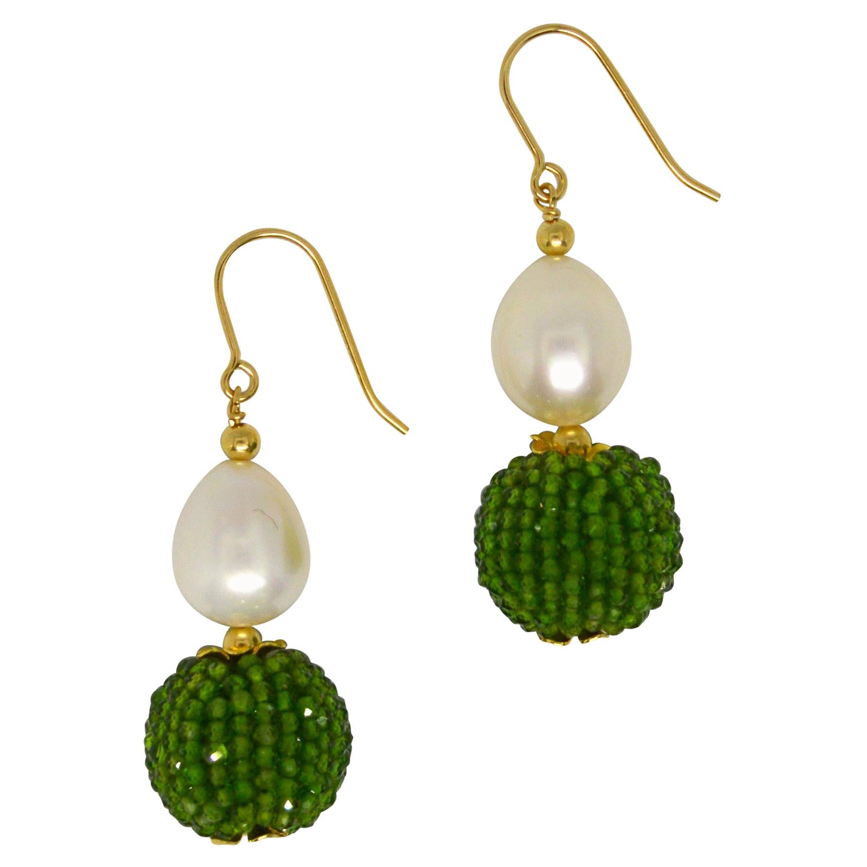Decadent Jewels Chrome Diopside Fresh Water Pearl Gold Drop Earrings