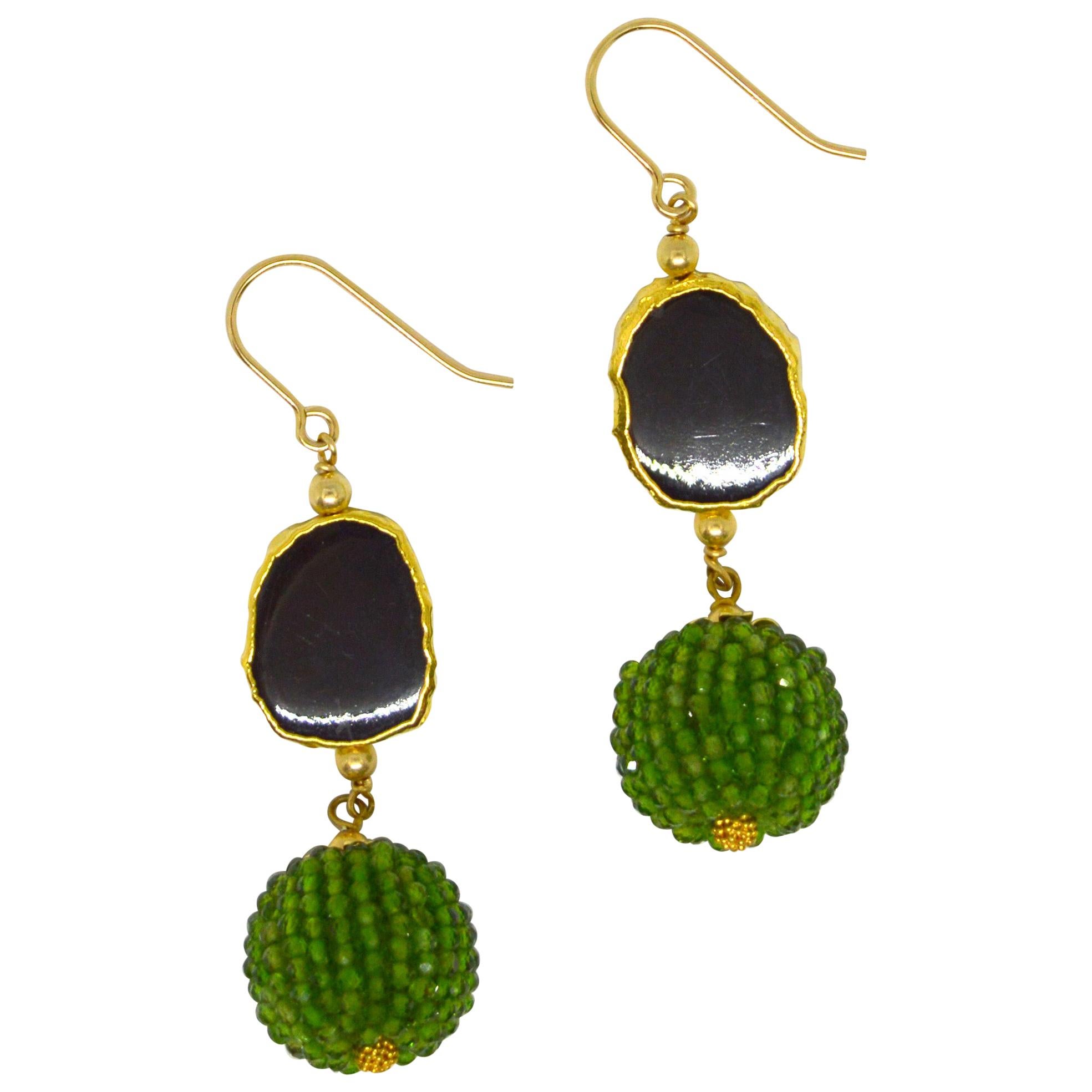 Decadent Jewels Chrome Diopside Onyx Gold Drop Earrings For Sale