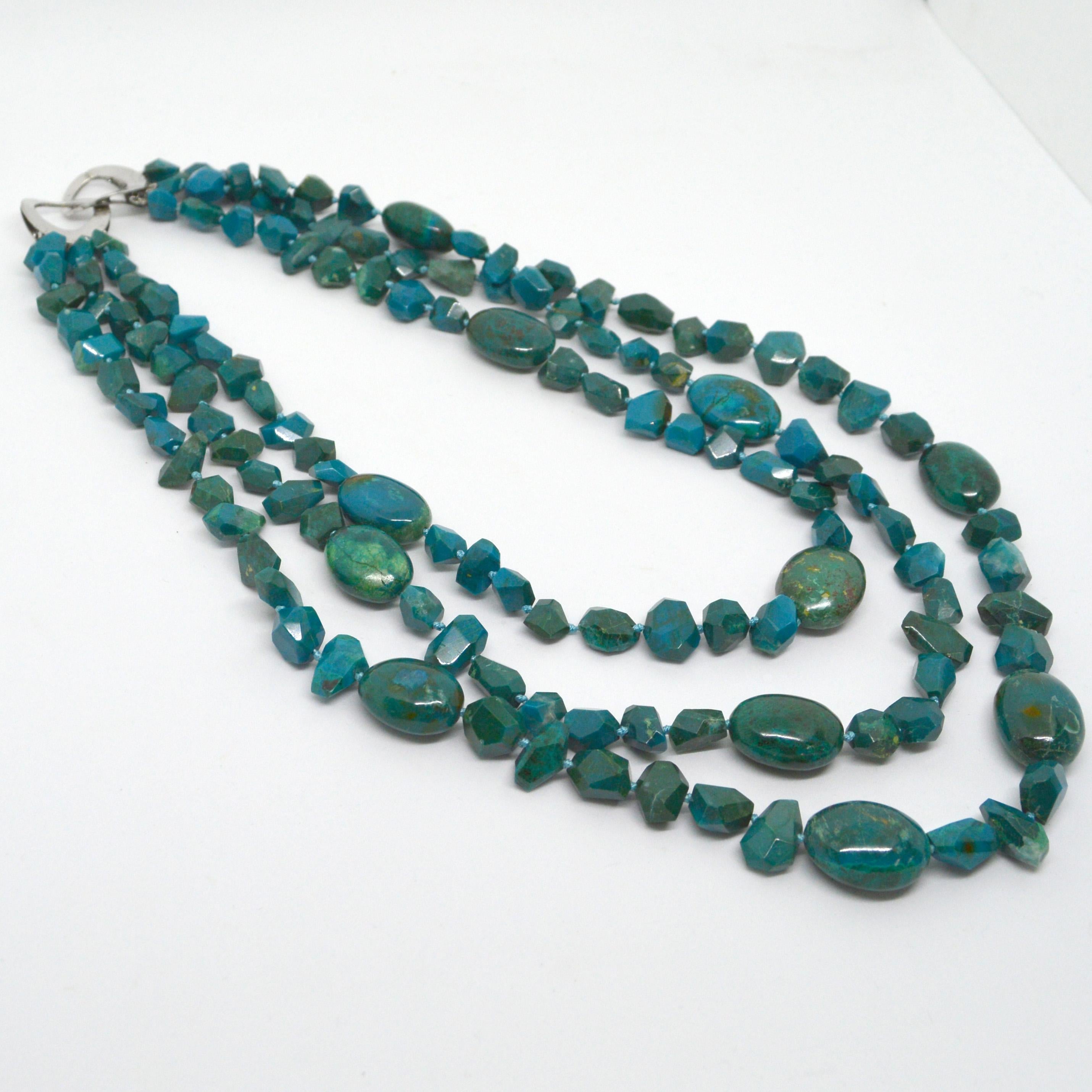 Artisan Decadent Jewels Chrysocolla 3-Strand Toursade Sterling Silver Necklace For Sale