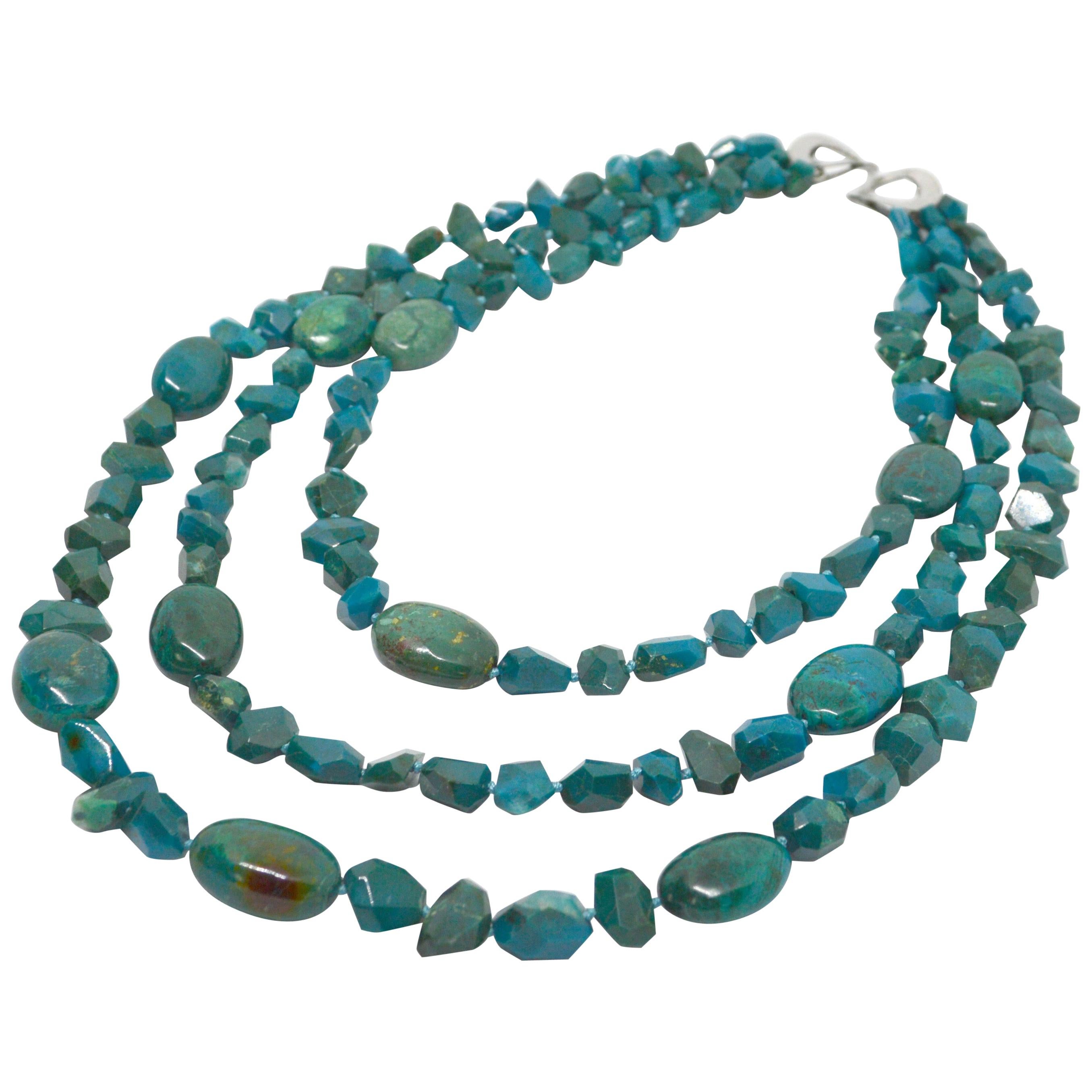 Decadent Jewels Chrysocolla 3-Strand Toursade Sterling Silver Necklace For Sale