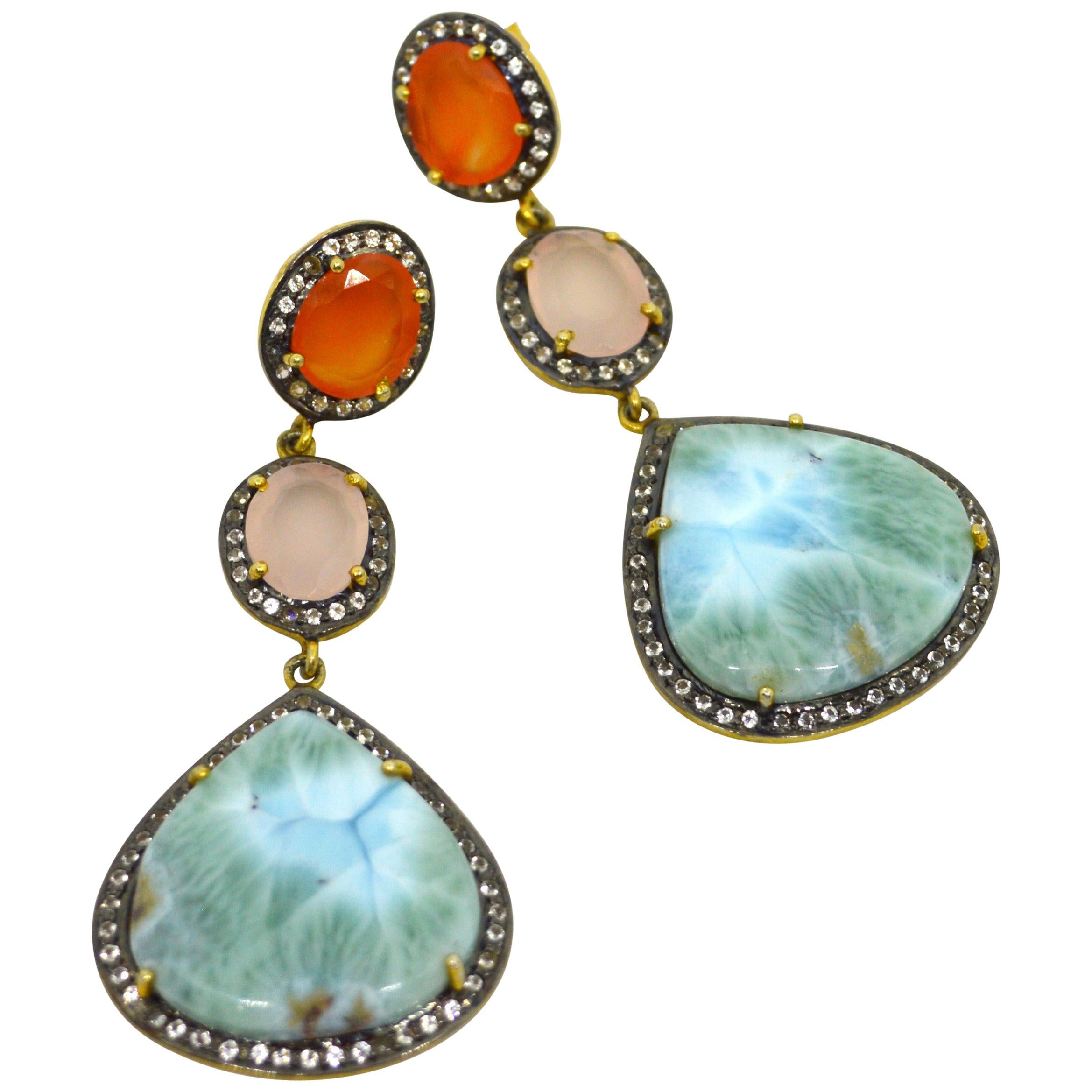 Decadent Jewels Diamond Carnelian Rose Quartz Larimar Earrings For Sale
