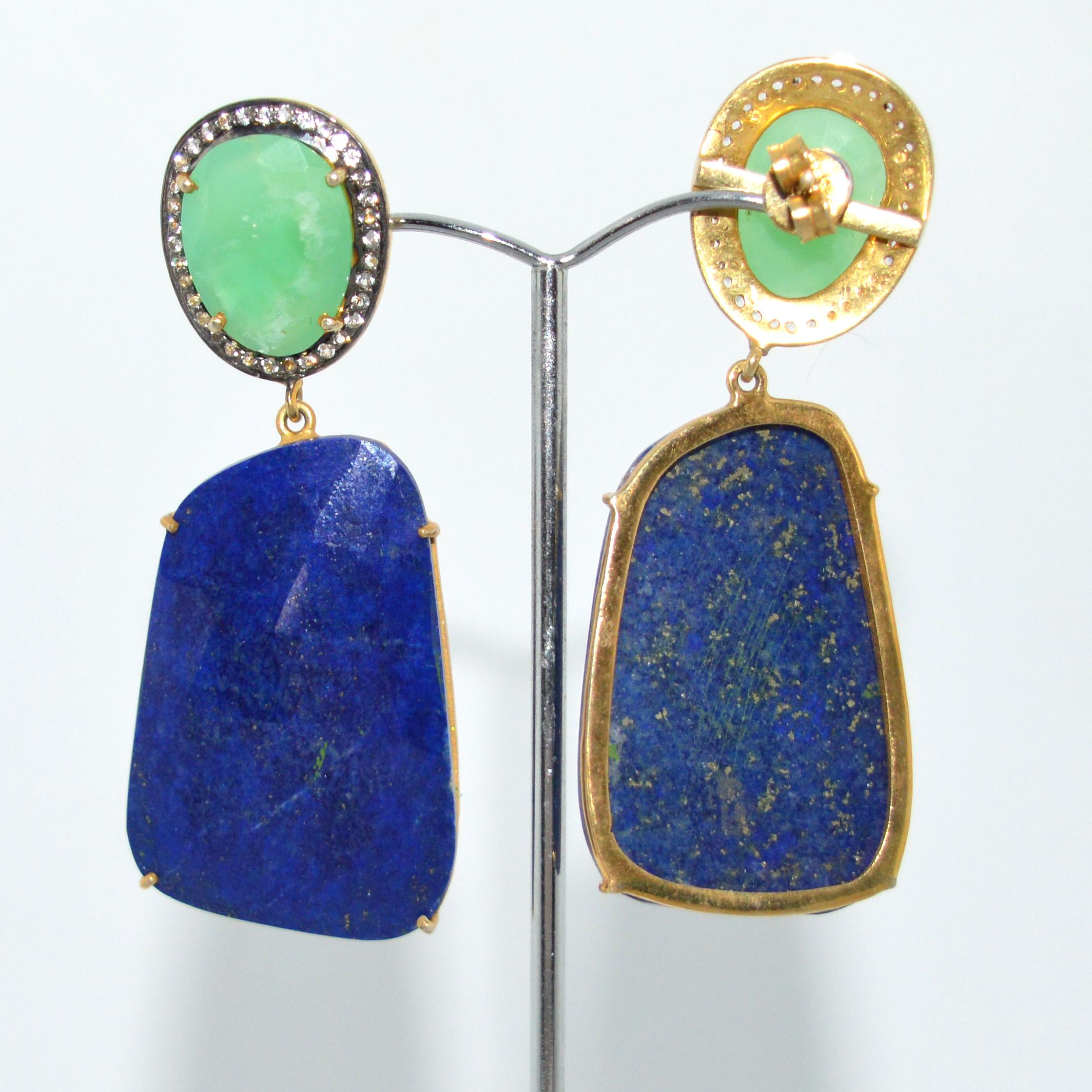 Modern Decadent Jewels Diamond Chrysoprase Lapis Earrings For Sale