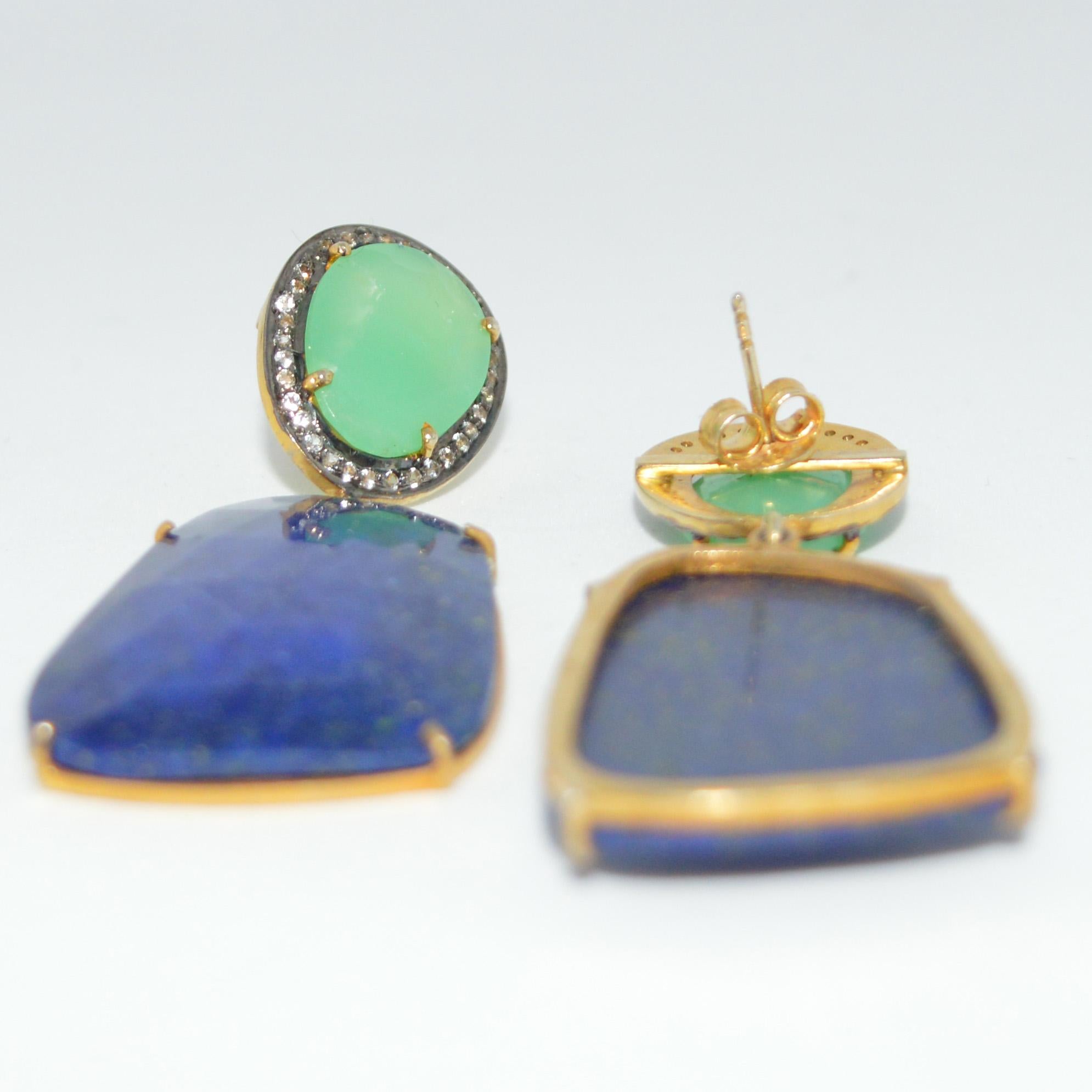 Cabochon Decadent Jewels Diamond Chrysoprase Lapis Earrings For Sale