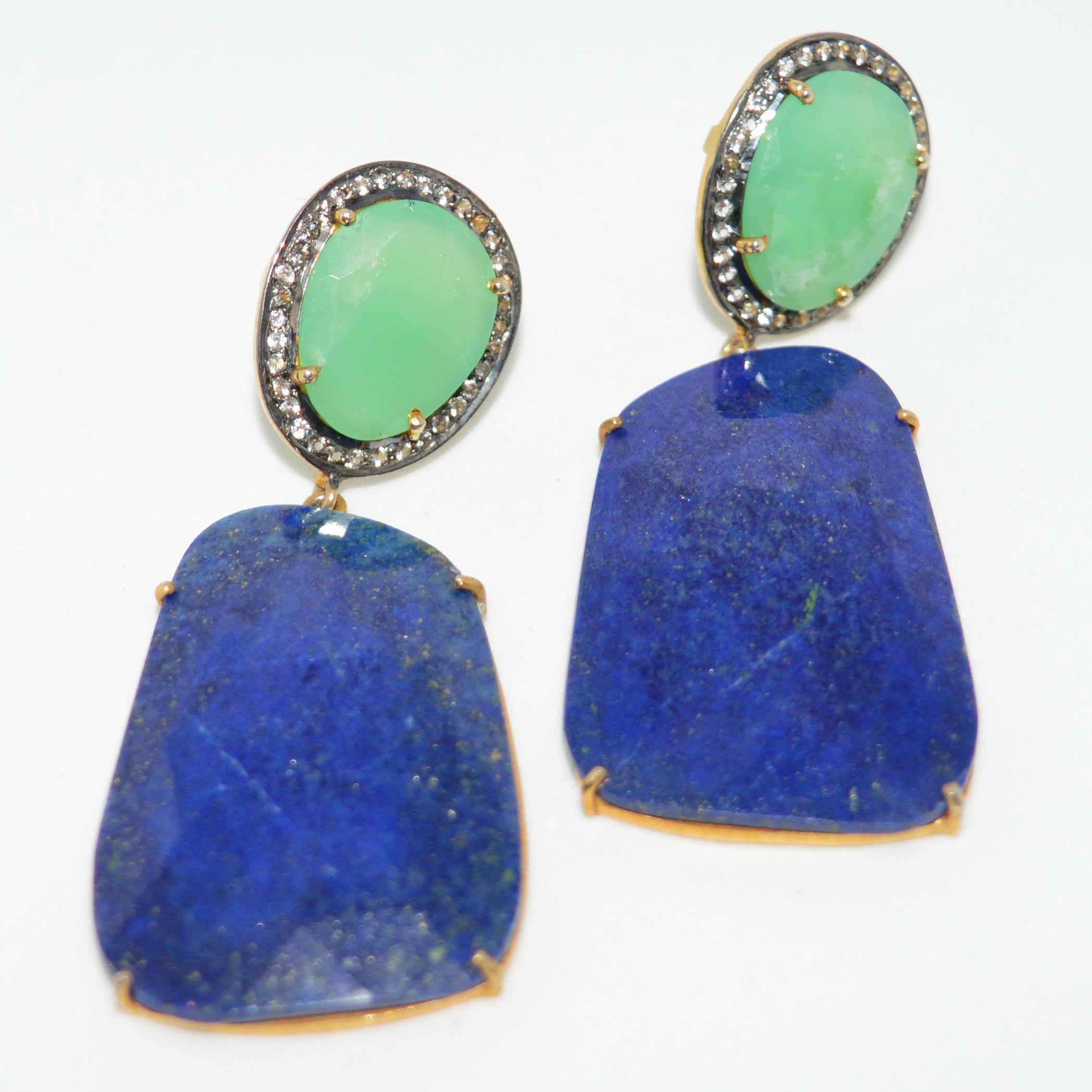 Decadent Jewels Diamond Chrysoprase Lapis Earrings In New Condition For Sale In Sydney, AU
