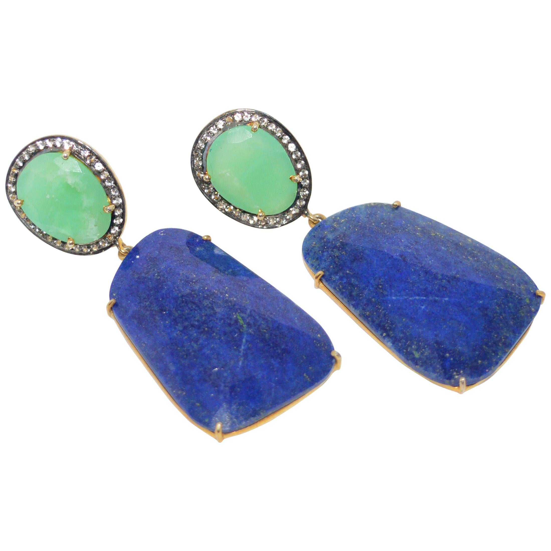 Decadent Jewels Diamond Chrysoprase Lapis Earrings For Sale