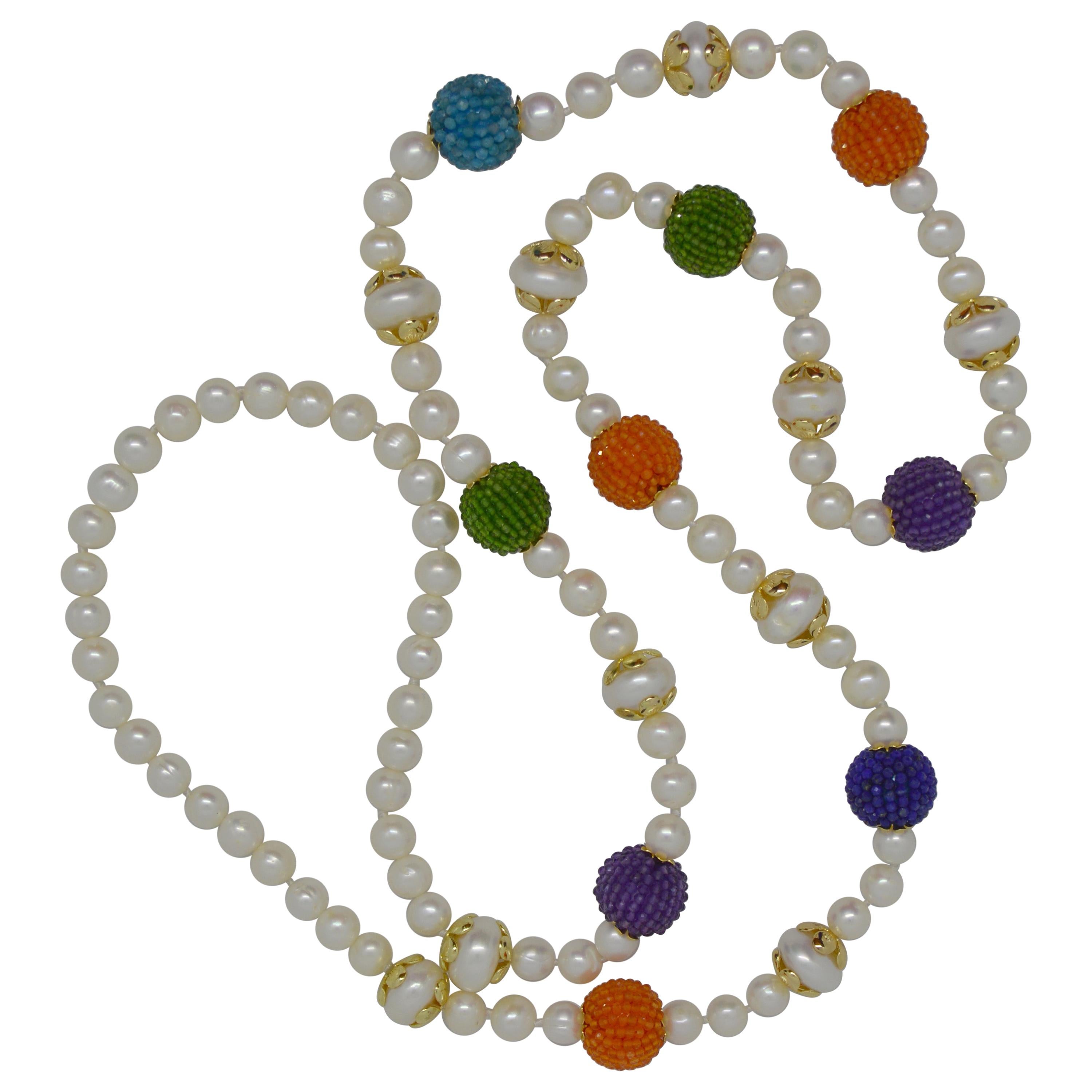 Decadent Jewels Fresh Water Pearl Beaded Gemstone Necklace For Sale