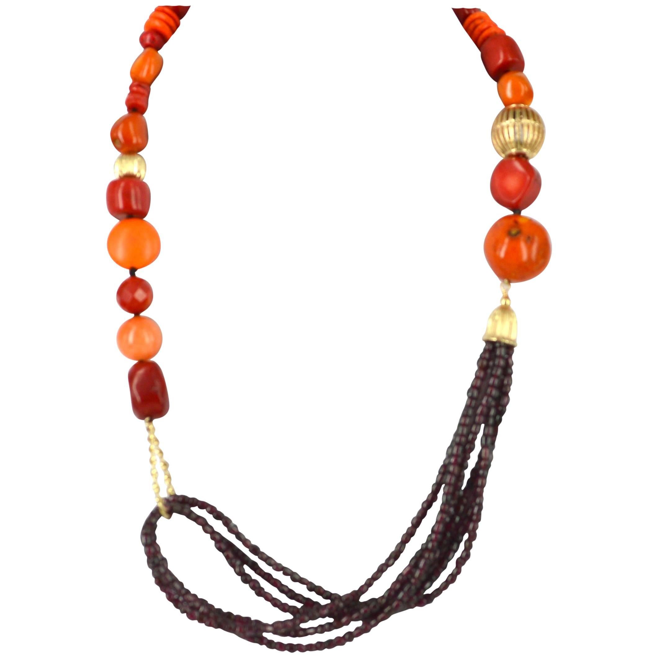 Decadent Jewels Garnet Sea Bamboo Gold Necklace For Sale