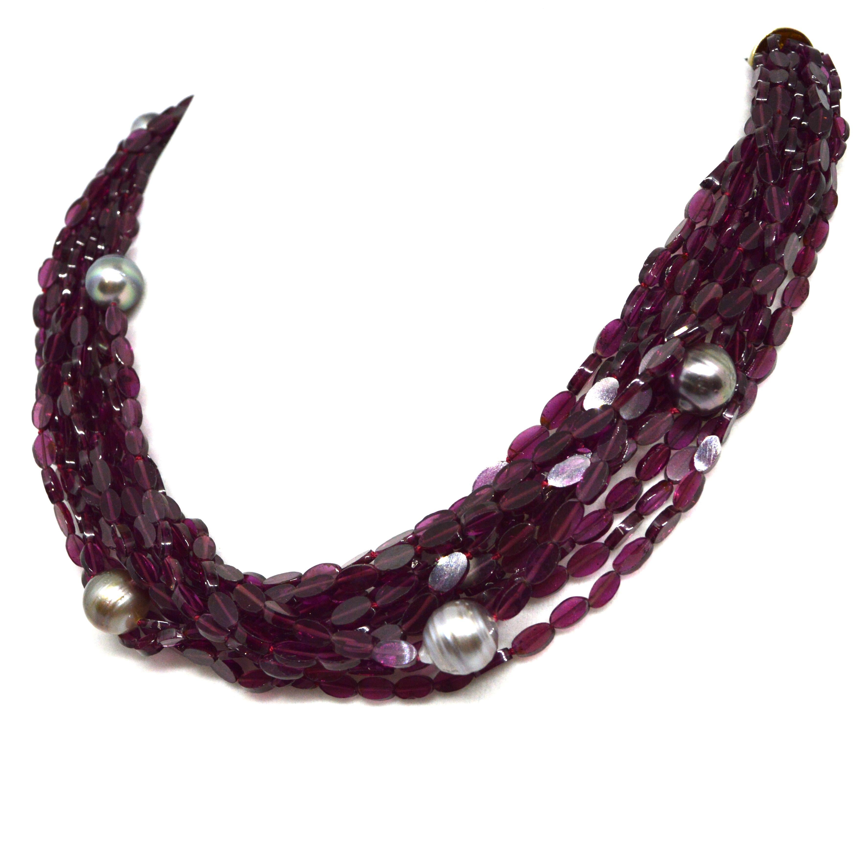 Bead Decadent Jewels Garnet Tahitian Pearl Gold Torsade Necklace For Sale