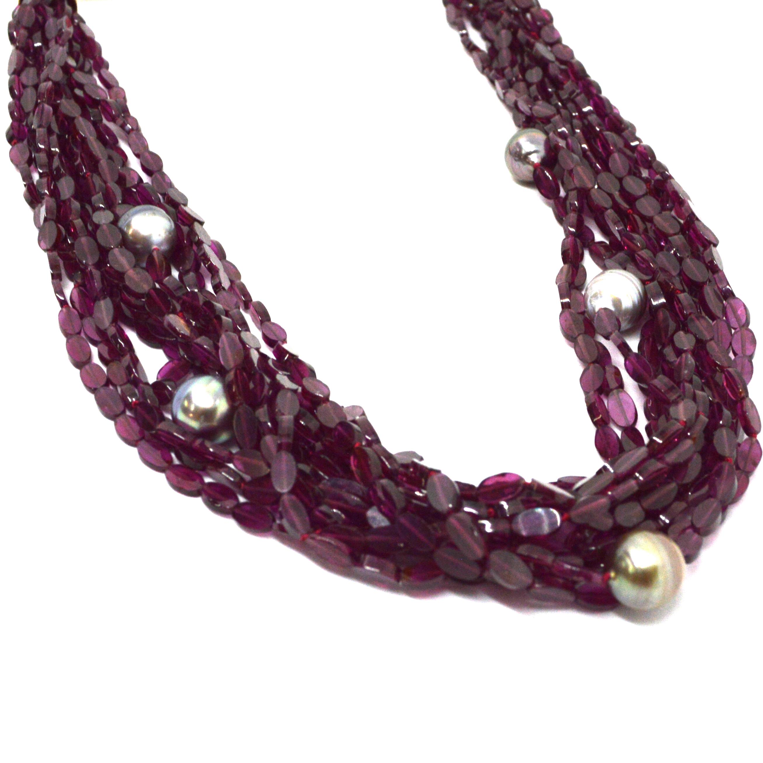 Decadent Jewels Garnet Tahitian Pearl Gold Torsade Necklace In New Condition For Sale In Sydney, AU
