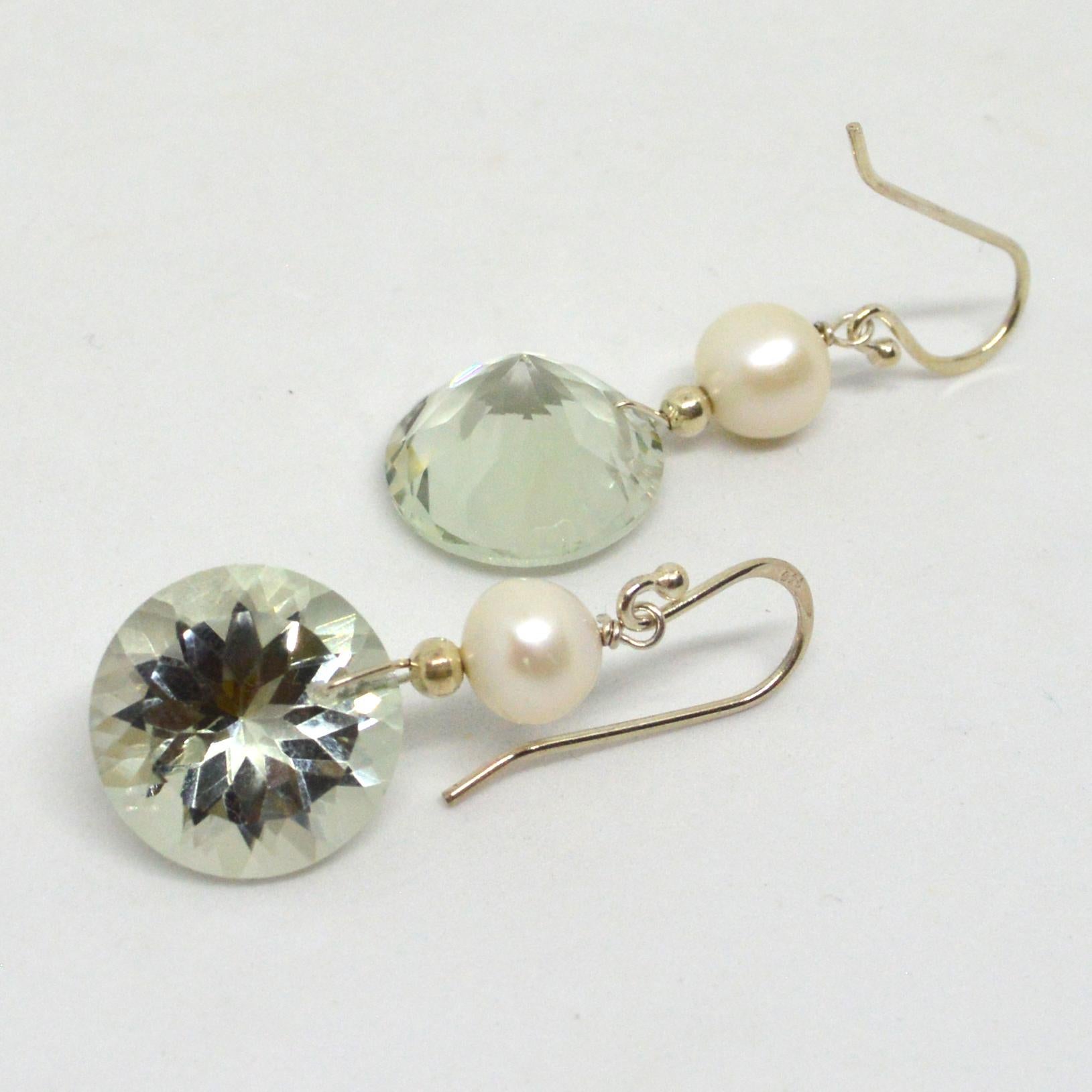 Decadent Jewels Green Amethyst Pearl Silver Earrings In New Condition In Sydney, AU