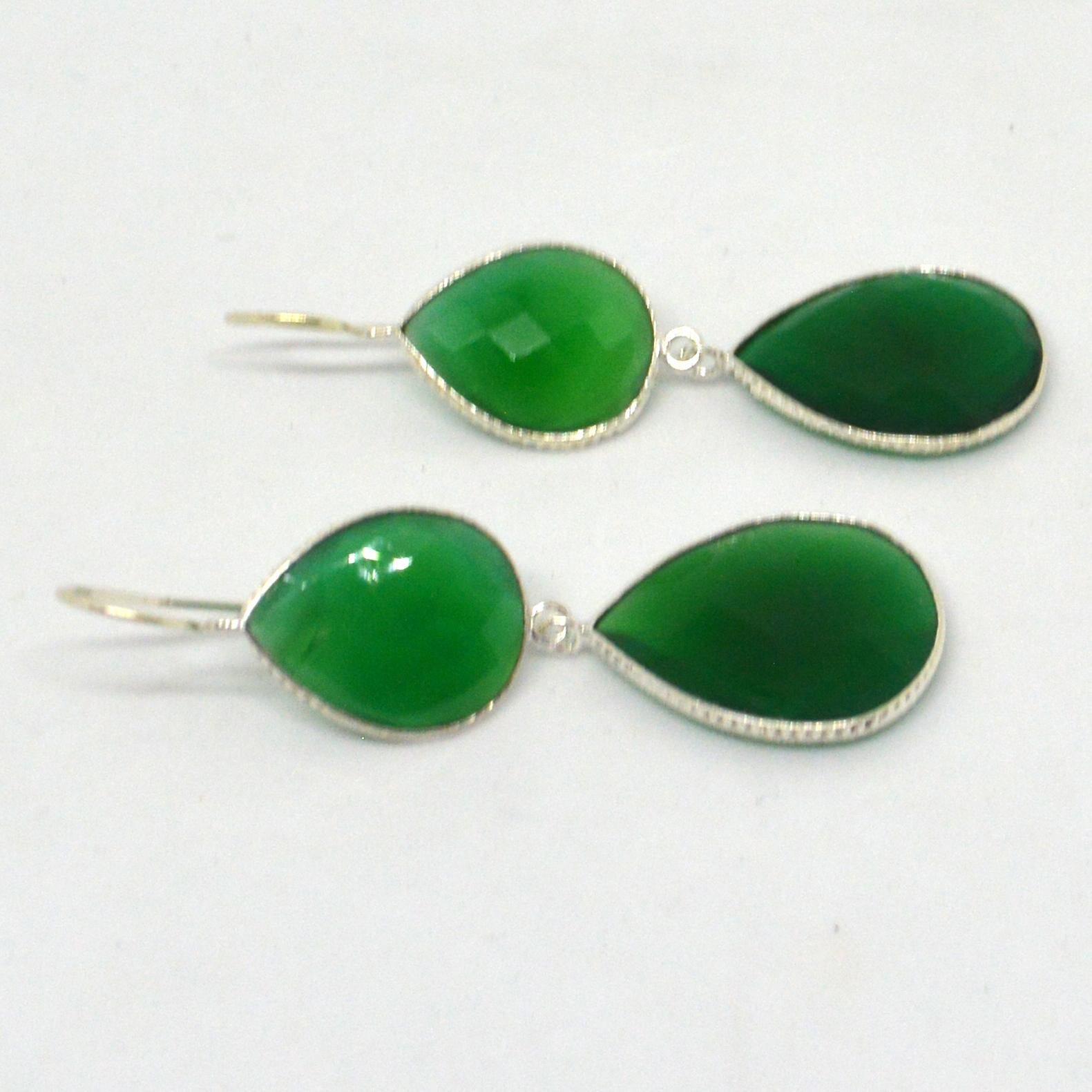 Modern Decadent Jewels Green Chalcedony Faceted Teardrop Sterling Silver Earrings For Sale