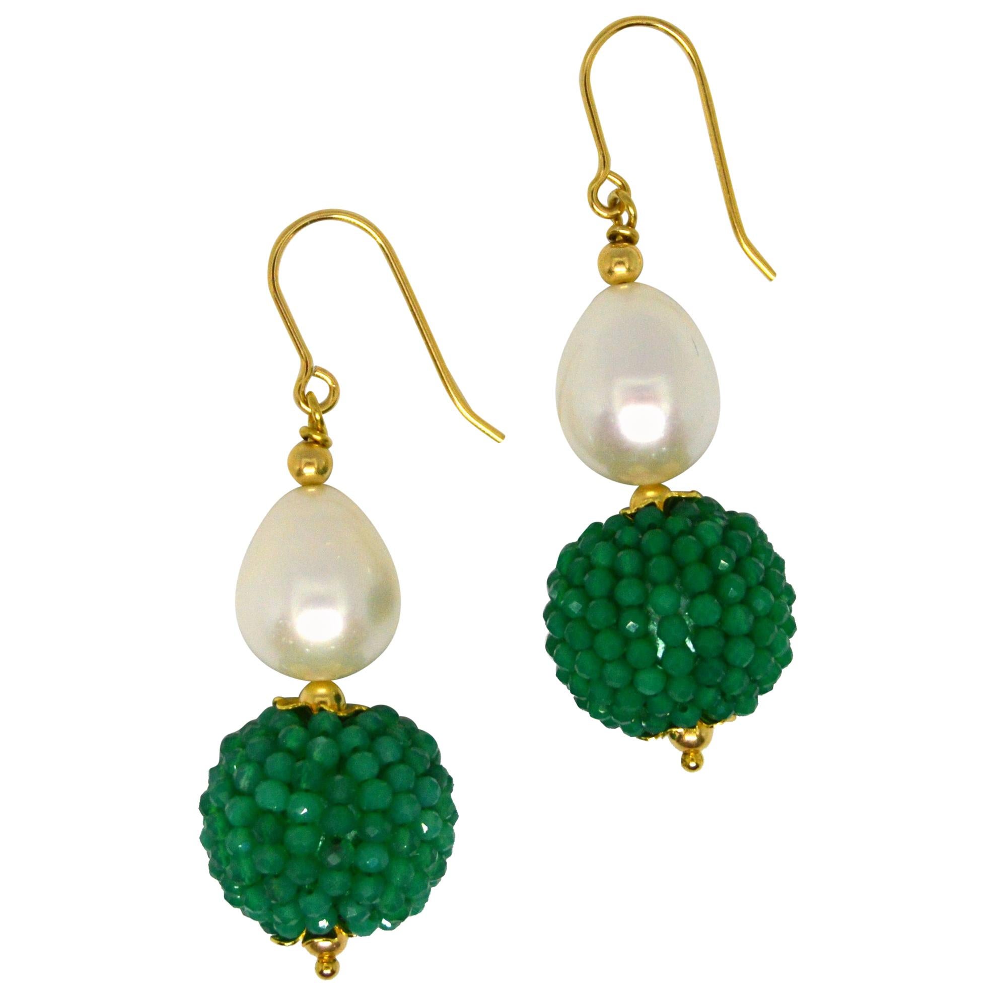 Decadent Jewels Green Onyx Fresh Water Pearl Gold Drop Earrings