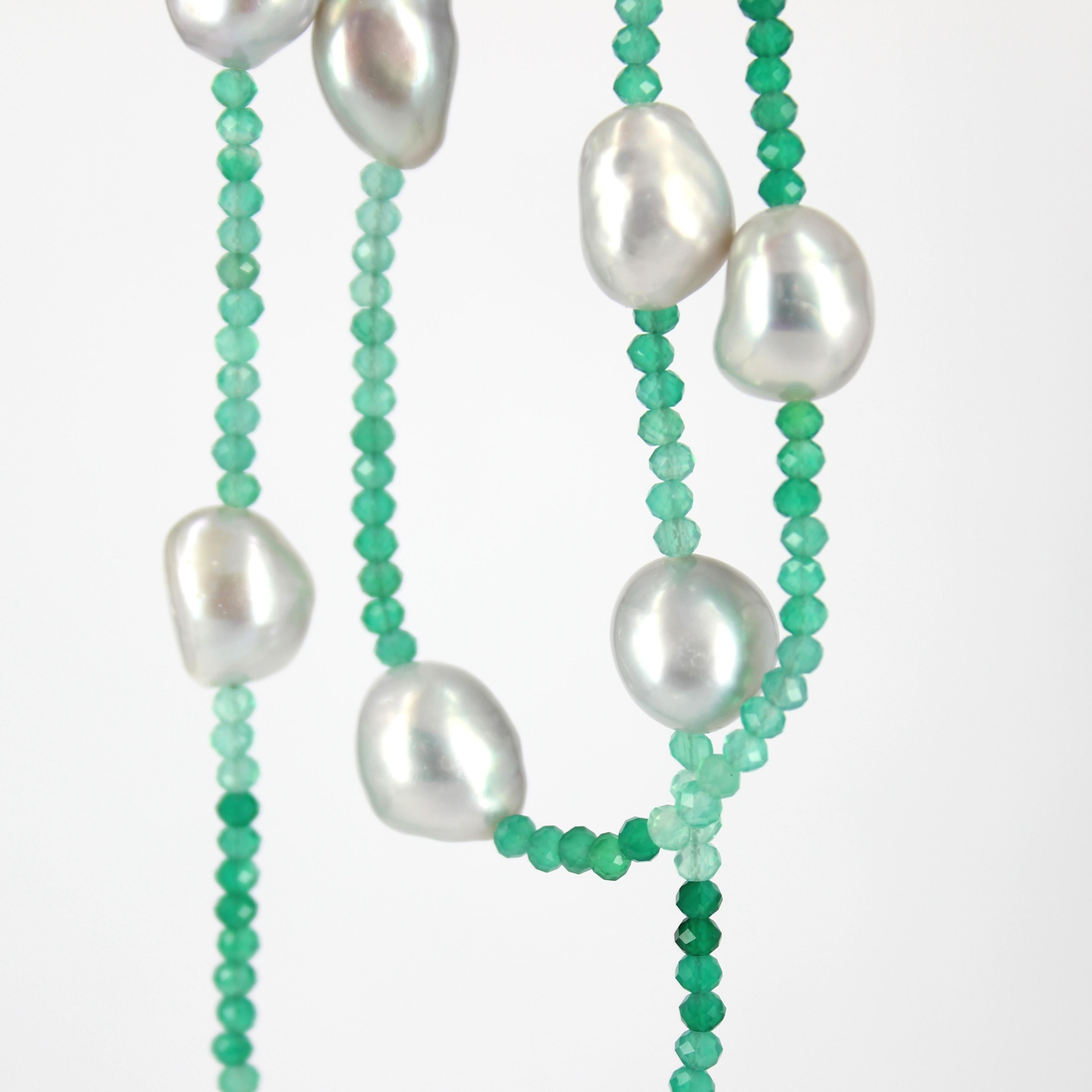 Out in a hurry just throw this simple necklace on and look elegant, you can wear it as a single strand or wrap it around your neck for a double layer effect, this Variegated Faceted Green Onyx, complemented with Silver Lite Grey Fresh Water Pearls,