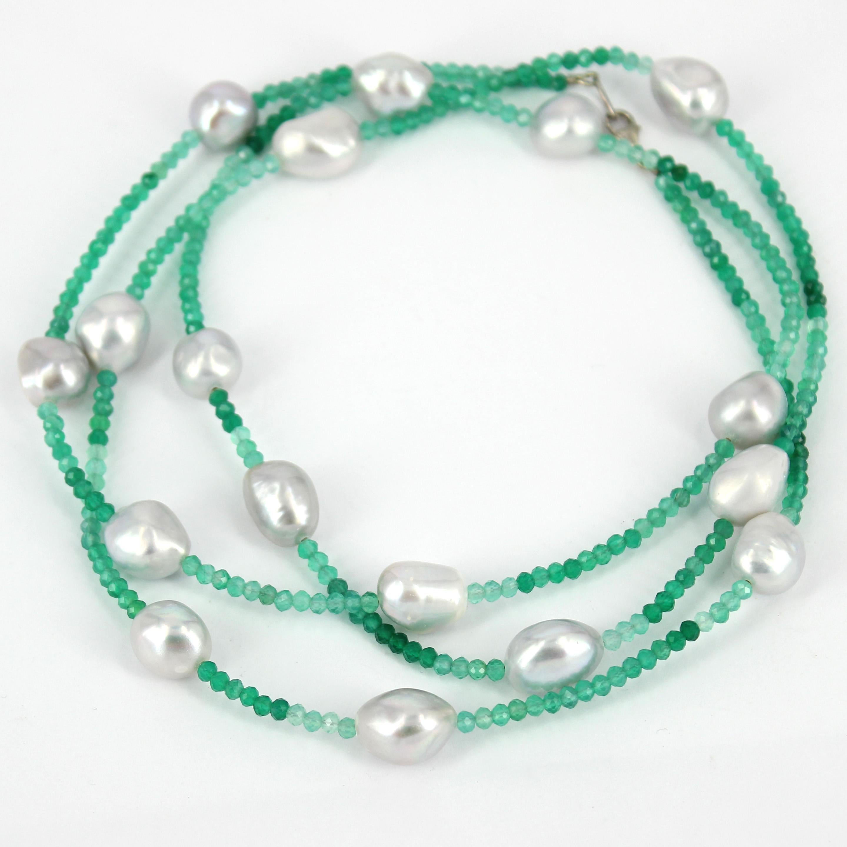 Modern Decadent Jewels Green Onyx Grey Fresh Water Pearl Silver Necklace For Sale