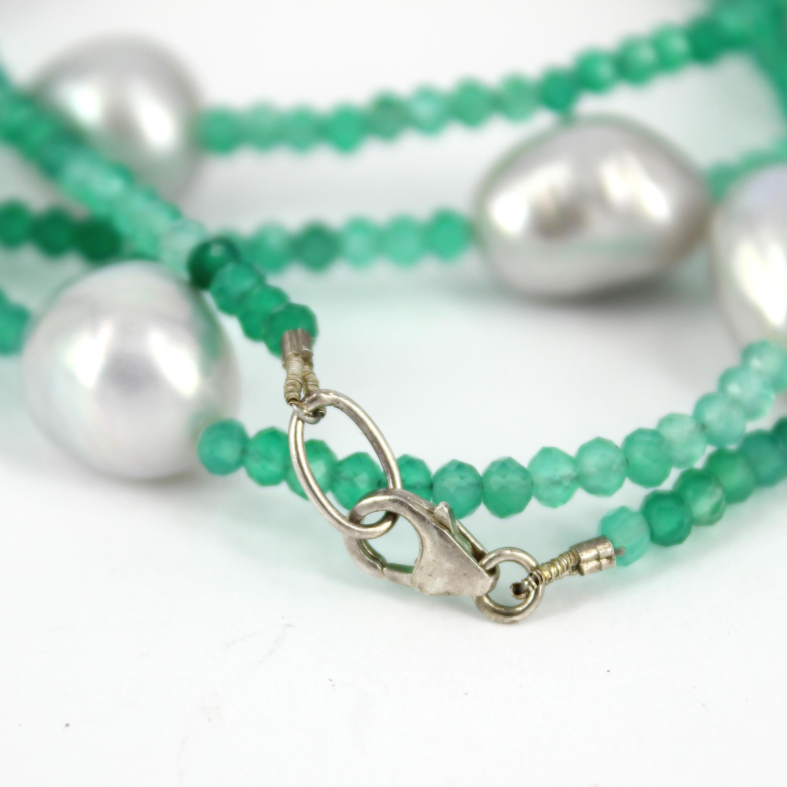 Bead Decadent Jewels Green Onyx Grey Fresh Water Pearl Silver Necklace For Sale