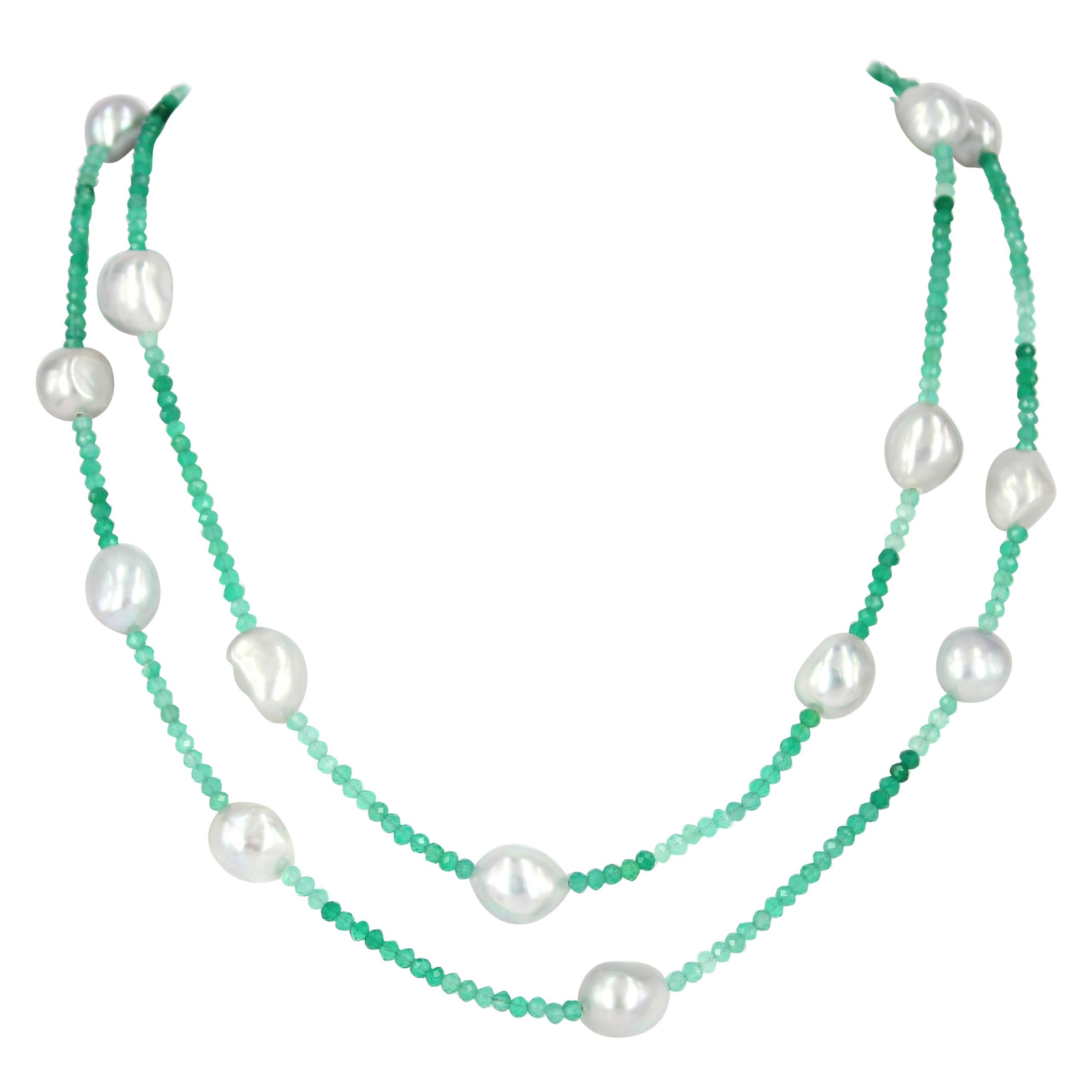 Decadent Jewels Green Onyx Grey Fresh Water Pearl Silver Necklace