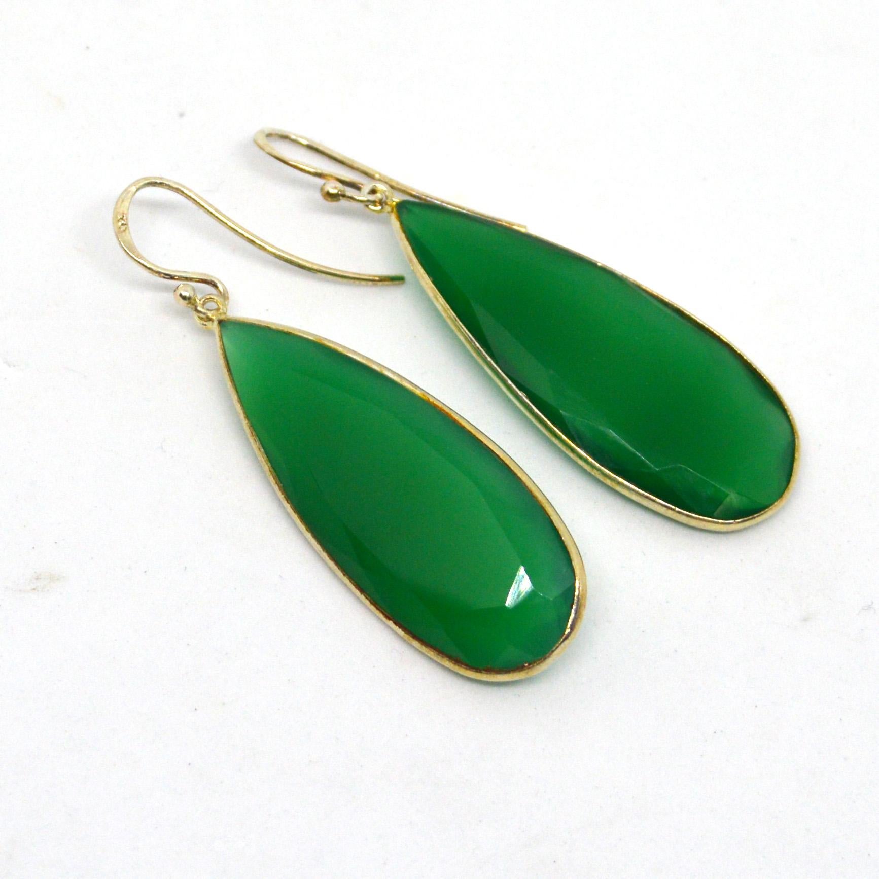 Contemporary Decadent Jewels Green Onyx Teardrop Stering Silver Drop Earrings