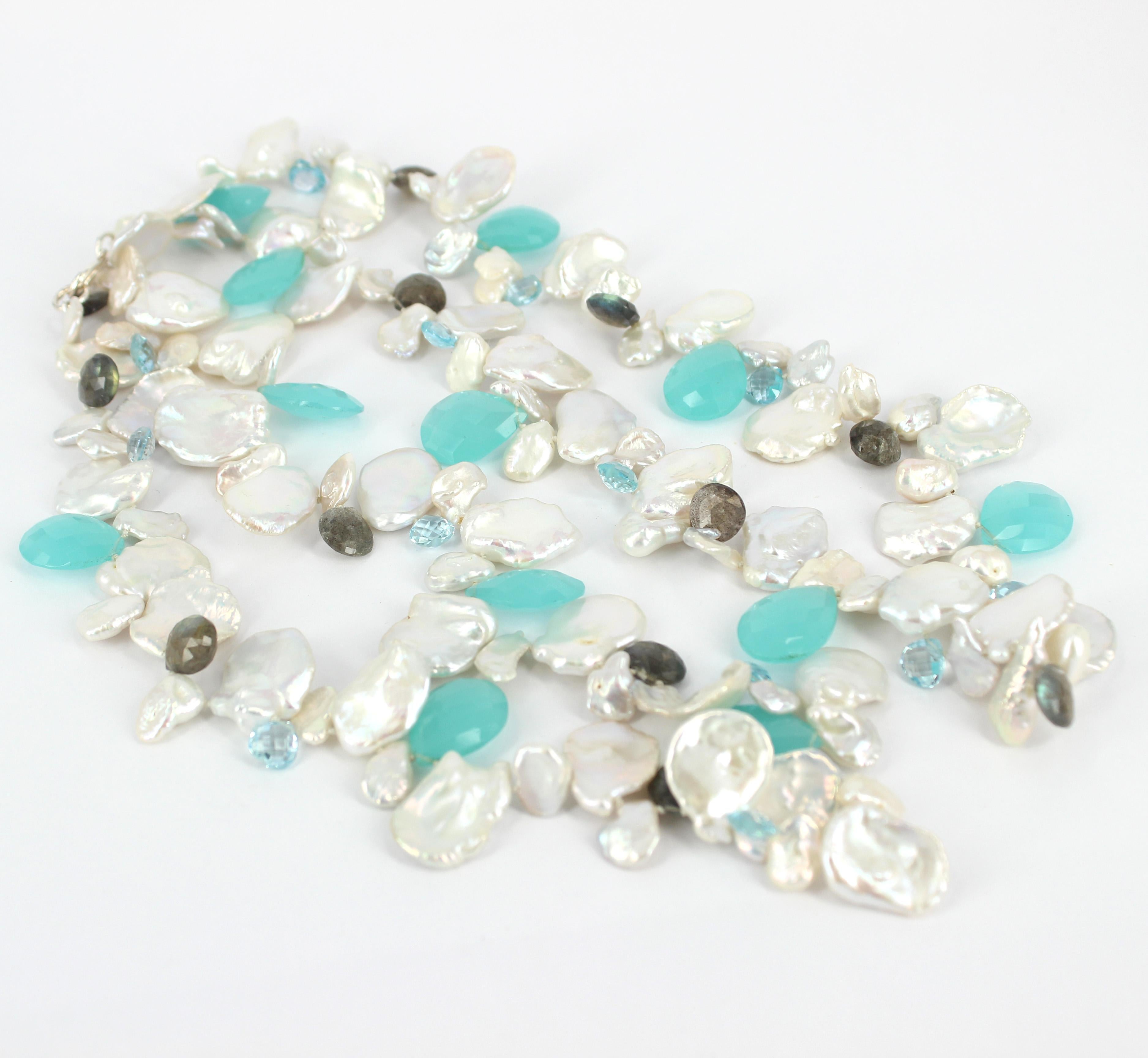 Modern Decadent Jewels Keshi Pearl Blue Topaz Labradorite Chalcedony Silver Necklace For Sale