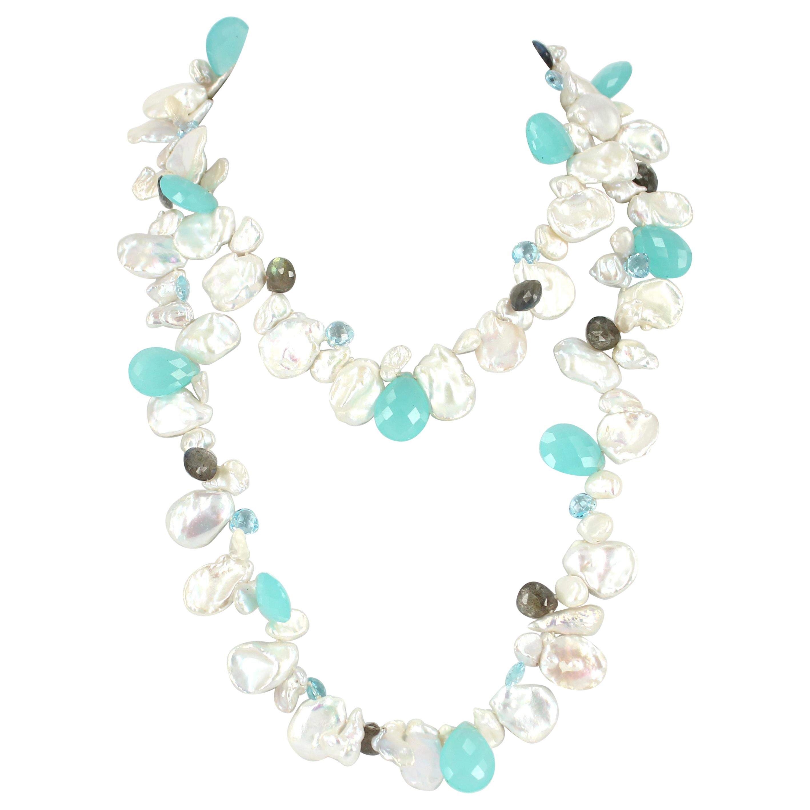 Decadent Jewels Keshi Pearl Blue Topaz Labradorite Chalcedony Silver Necklace