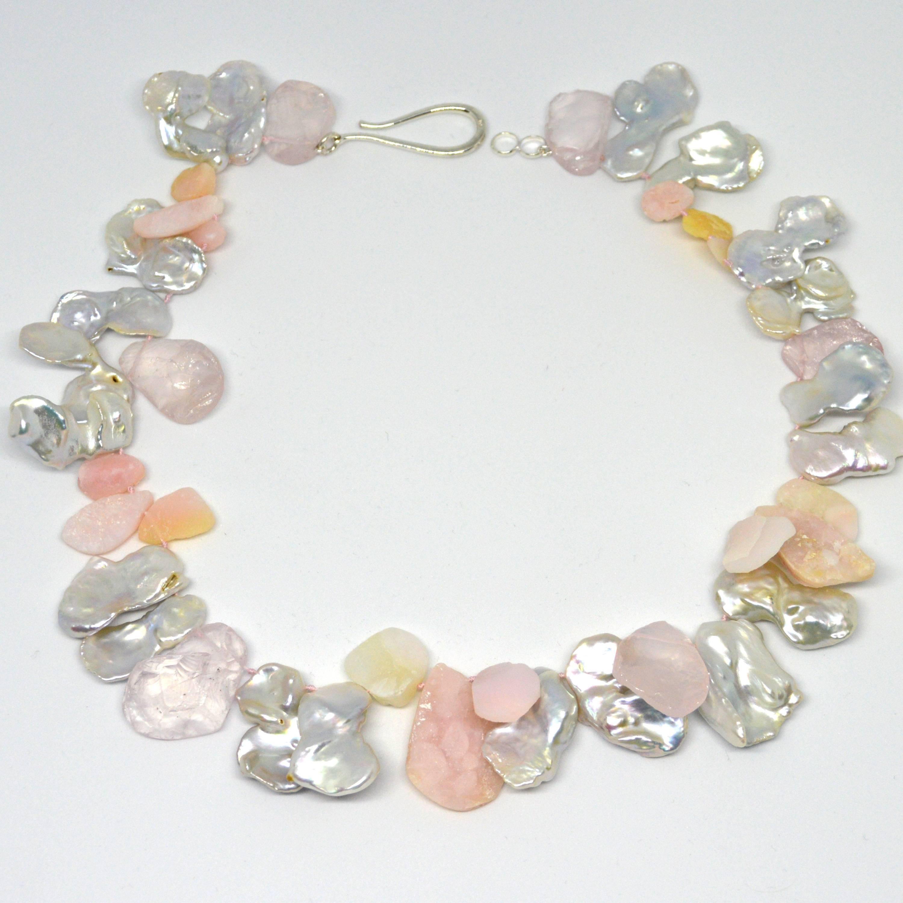 Modern Decadent Jewels Keshi Pearl Rose Quartz Pink Opal Silver Necklace