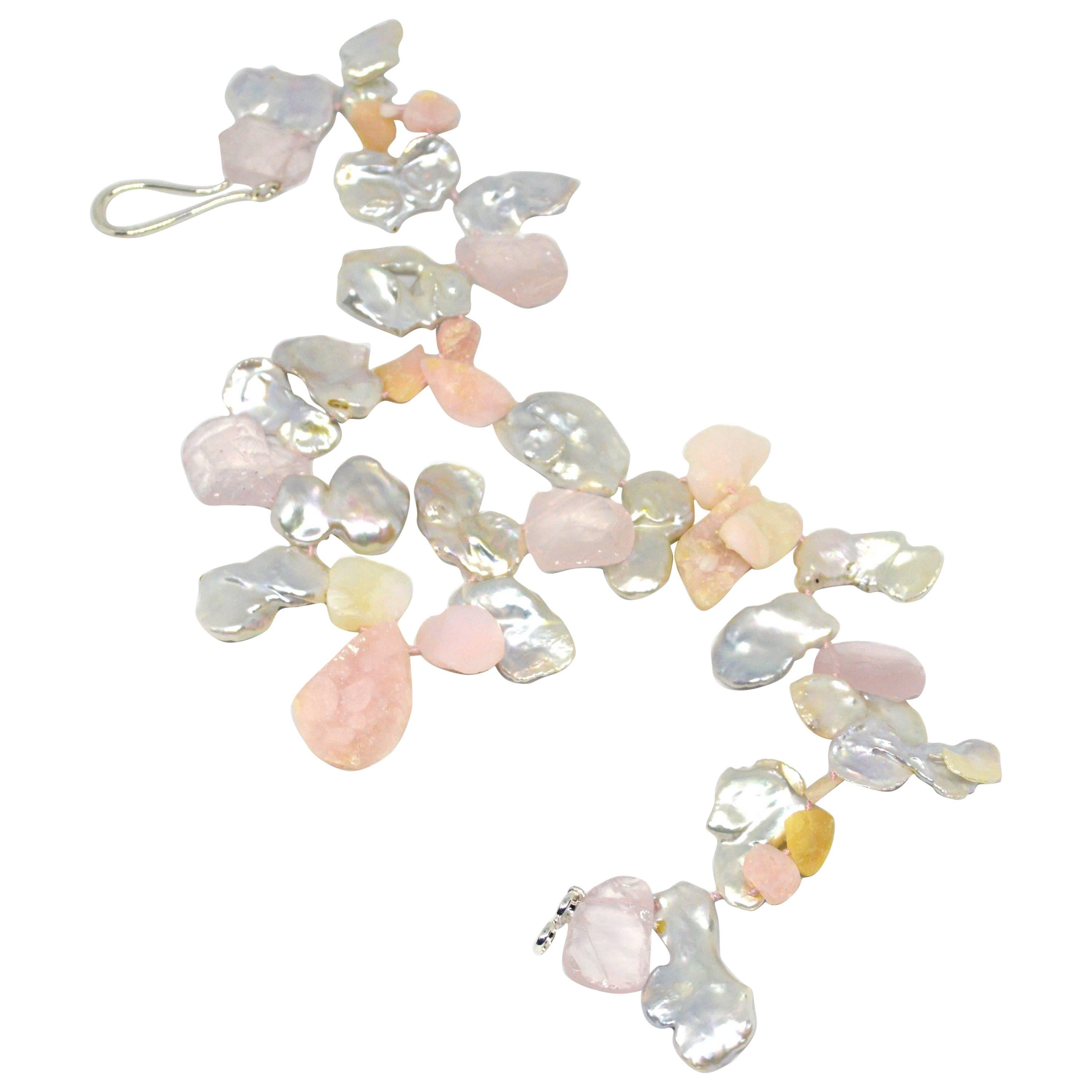 Decadent Jewels Keshi Pearl Rose Quartz Pink Opal Silver Necklace