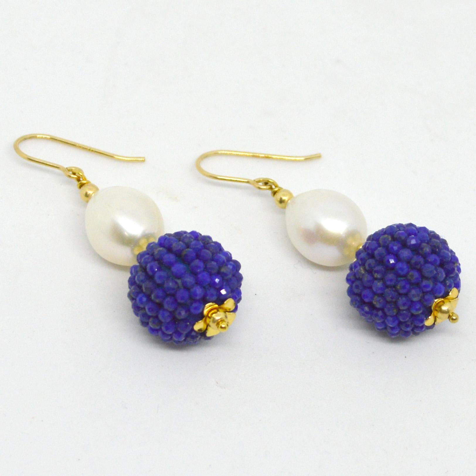 Contemporary Decadent Jewels Lapis Lazuli Fresh Water Pearl Gold Drop Earrings