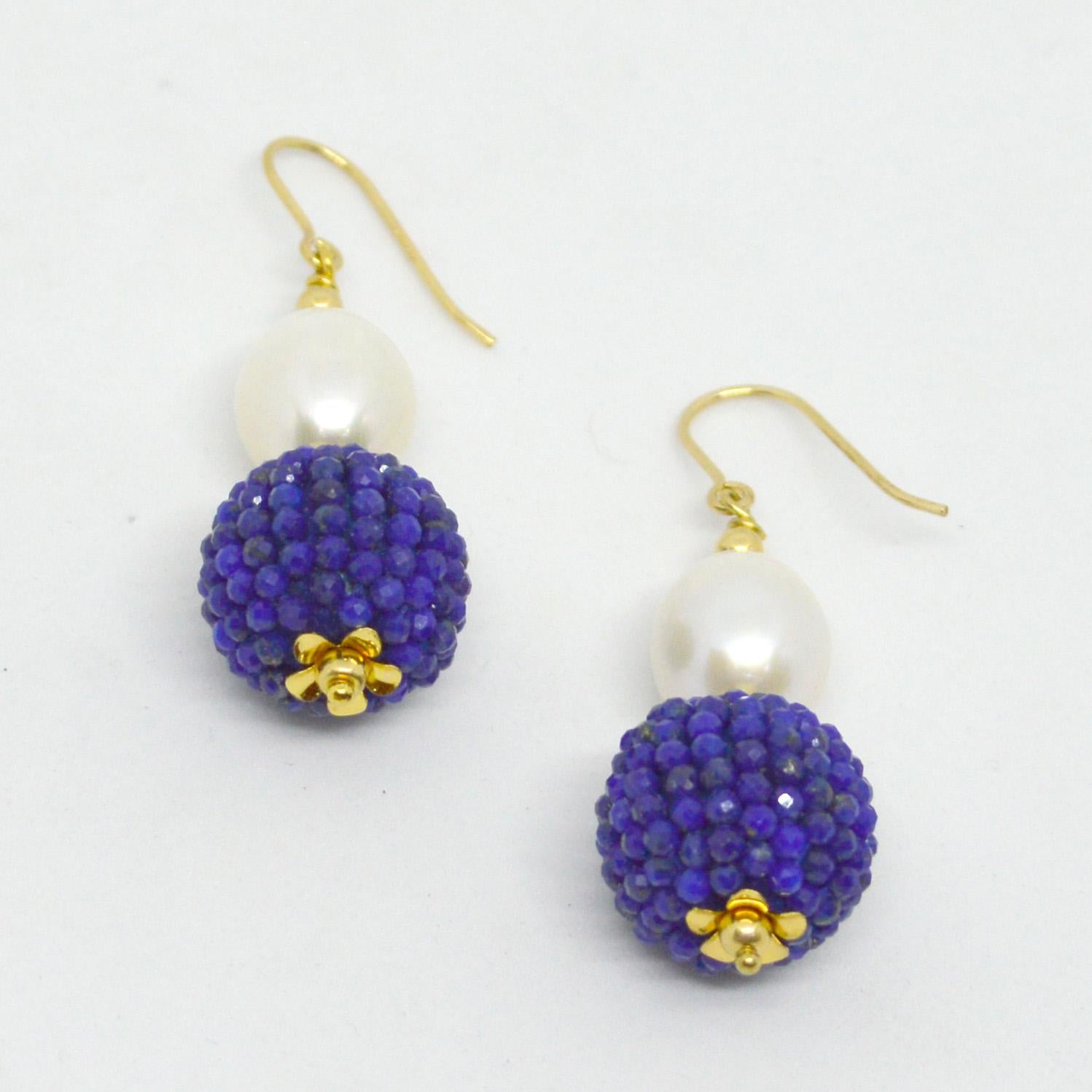 Decadent Jewels Lapis Lazuli Fresh Water Pearl Gold Drop Earrings In New Condition In Sydney, AU