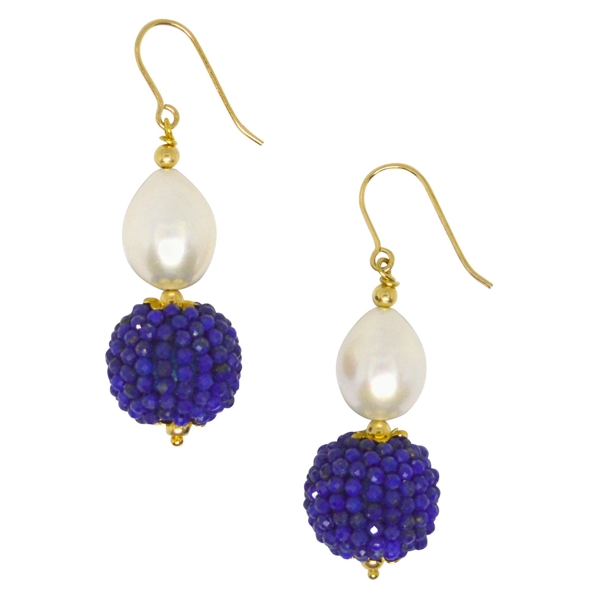 Decadent Jewels Lapis Lazuli Fresh Water Pearl Gold Drop Earrings