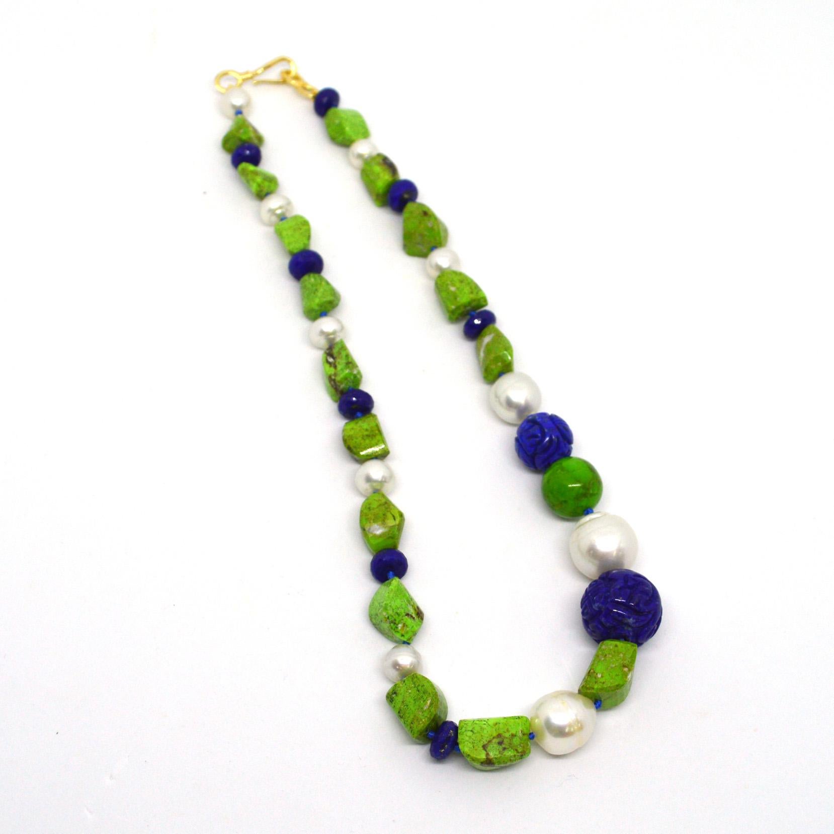 Modern Decadent Jewels Lapis Lazuli Gaspeite Australian South Sea Pearl Gold Necklace For Sale