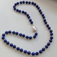 Decadent Jewels Lapis Lazuli Large Baroque Pearl Matinee Length Gold Necklace