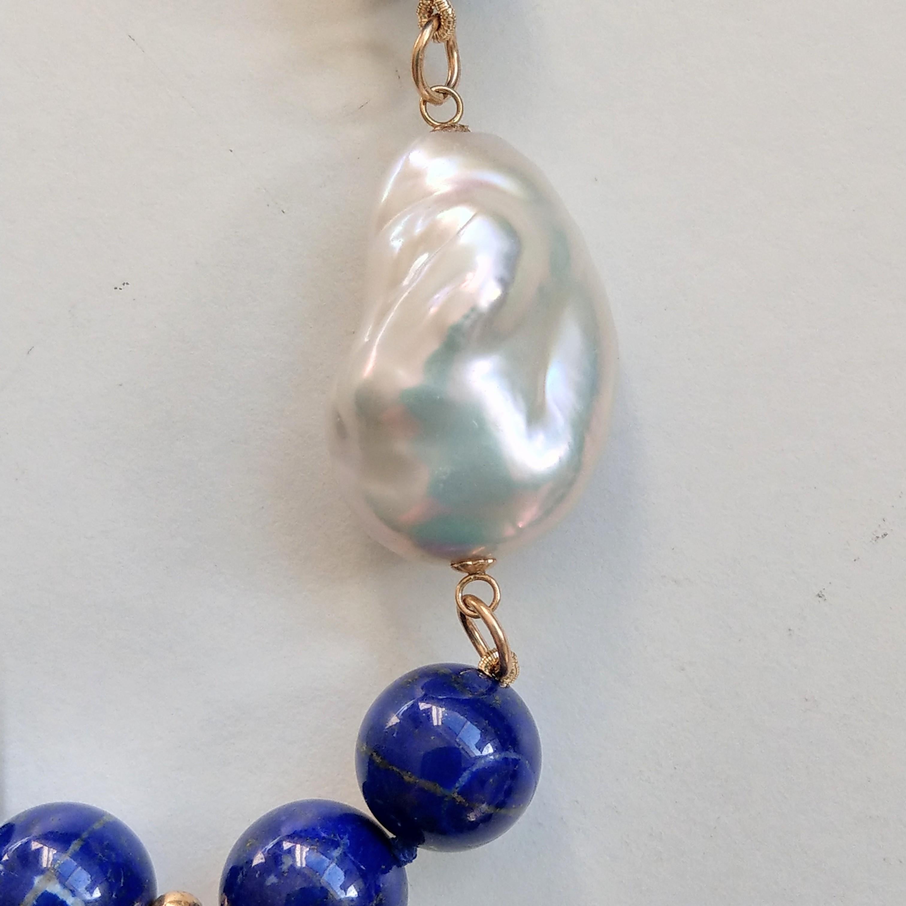 Modern Decadent Jewels Lapis Lazuli Large Baroque Pearl Matinee Length Gold Necklace