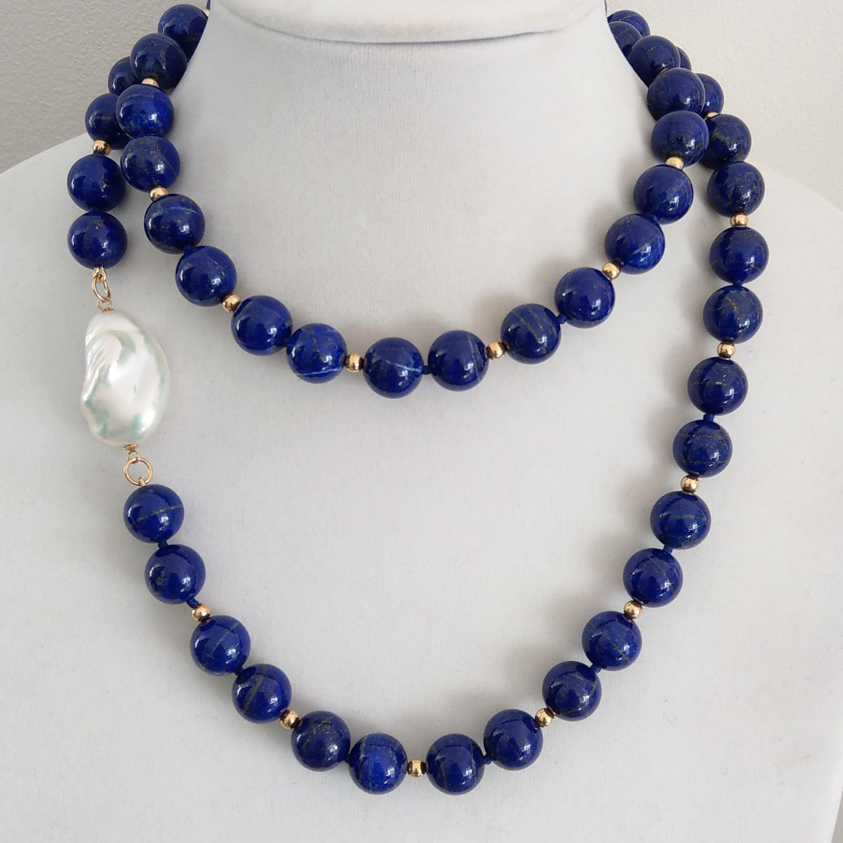 Decadent Jewels Lapis Lazuli Large Baroque Pearl Matinee Length Gold Necklace In New Condition In Sydney, AU