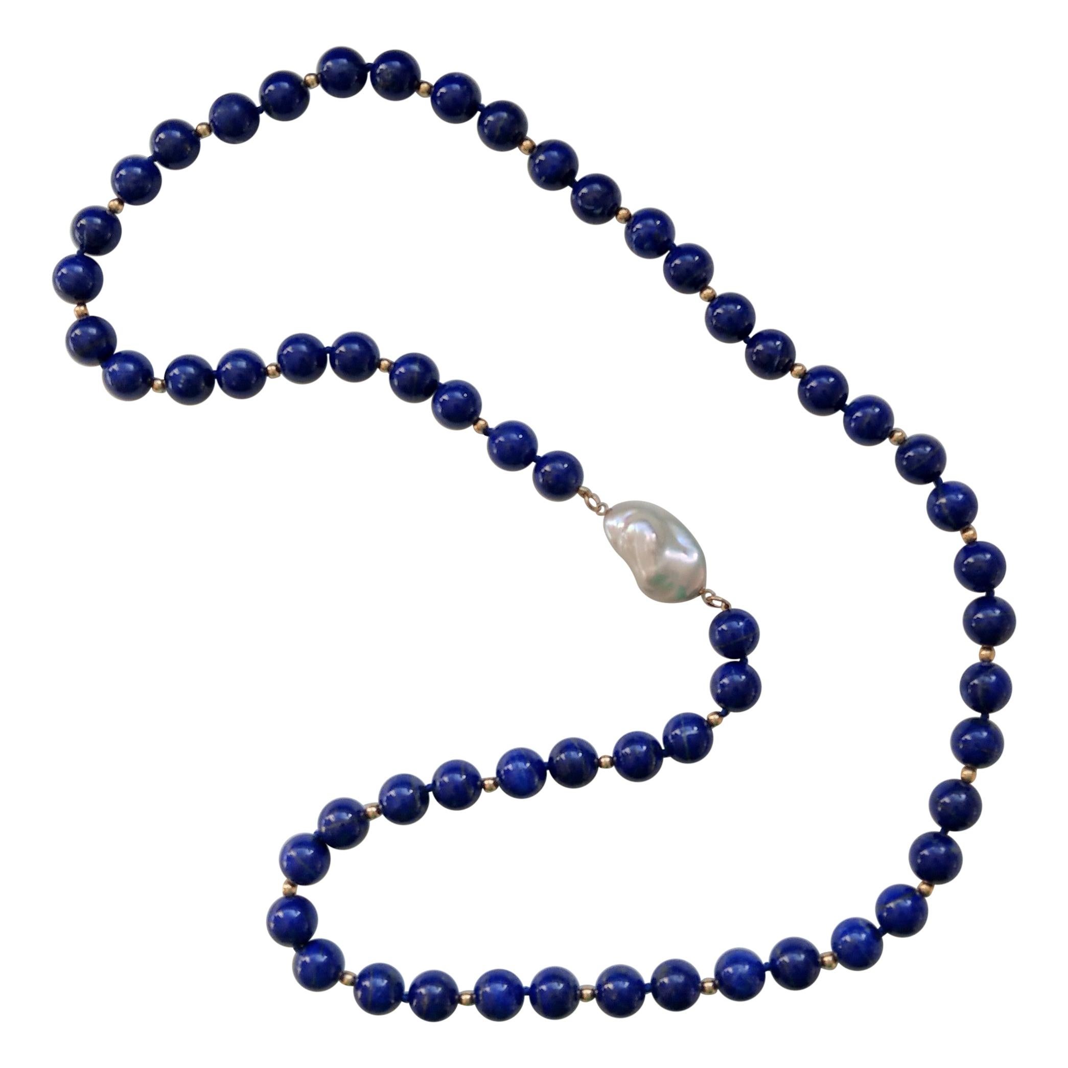 Decadent Jewels Lapis Lazuli Large Baroque Pearl Matinee Length Gold Necklace