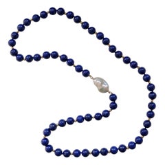 Decadent Jewels Lapis Lazuli Large Baroque Pearl Matinee Length Gold Necklace