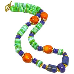 Decadent Jewels Lapis Lazuli Orange Coral Turquoise Magnacite Gold Necklace