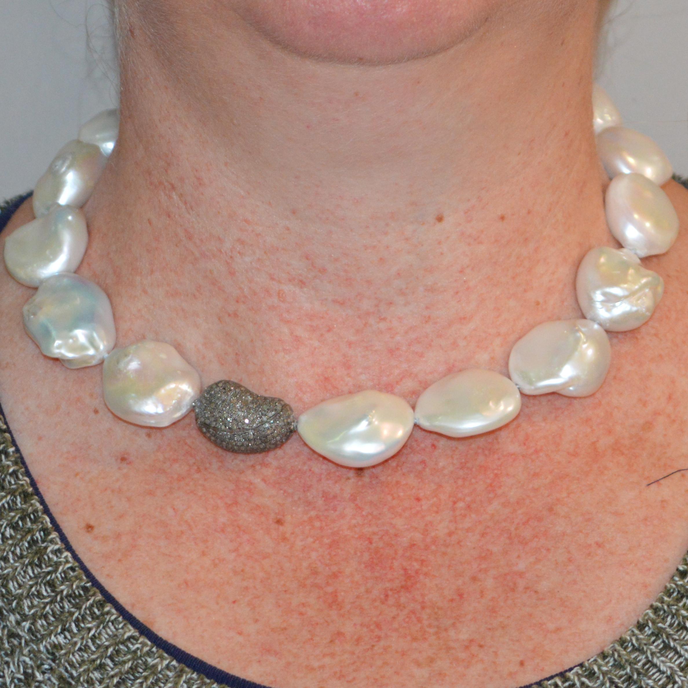 Decadent Jewels large Baroque Pearl Sterling Silver Diamond Necklace In New Condition For Sale In Sydney, AU