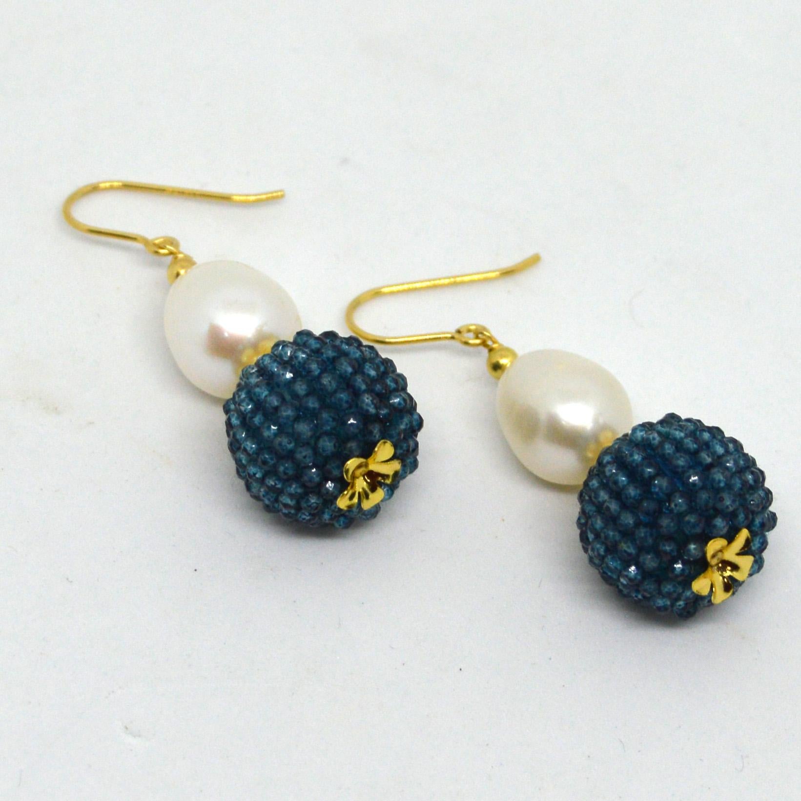 Contemporary Decadent Jewels London Blue Topaz Fresh Water Pearl Gold Drop Earrings
