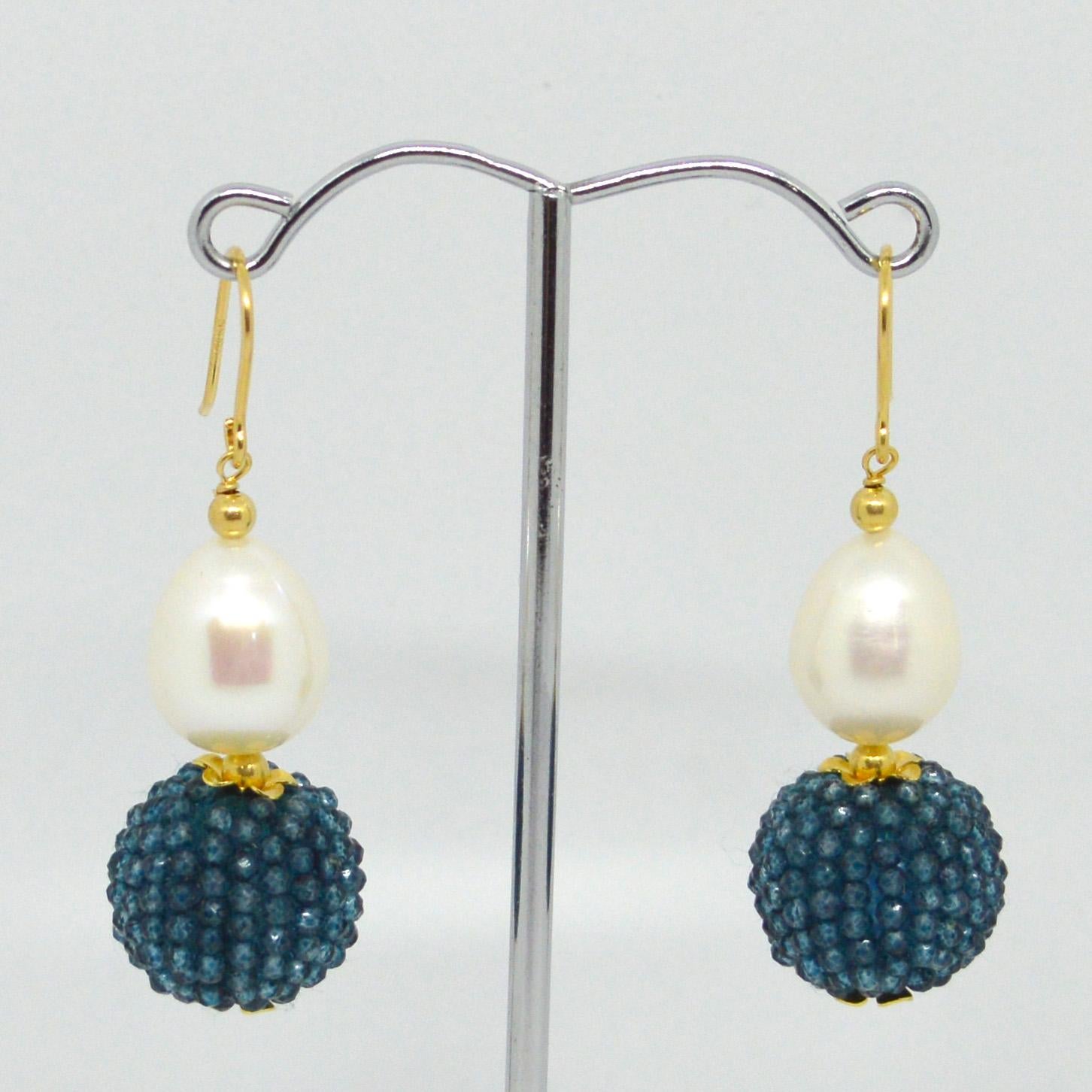 Bead Decadent Jewels London Blue Topaz Fresh Water Pearl Gold Drop Earrings