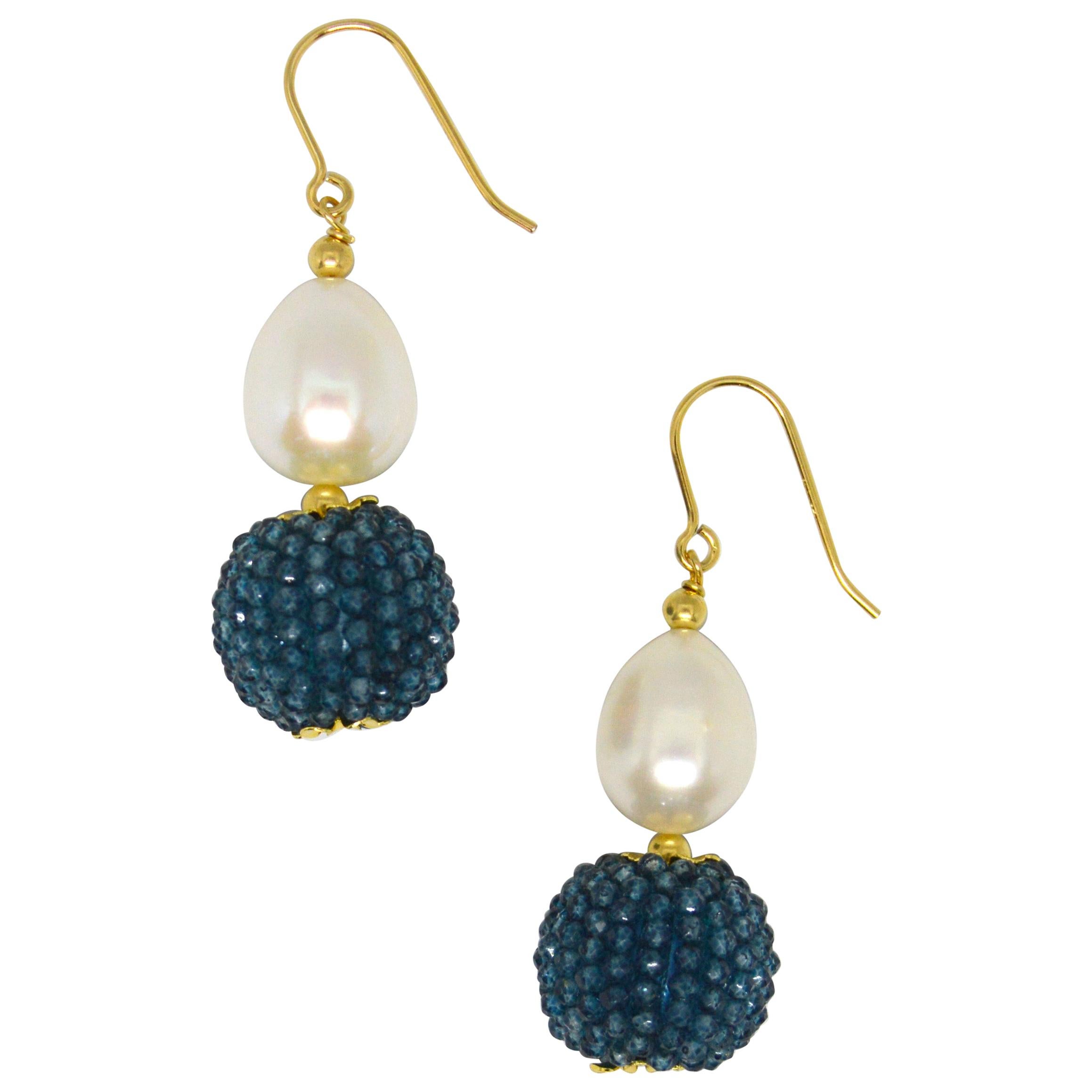 Decadent Jewels London Blue Topaz Fresh Water Pearl Gold Drop Earrings