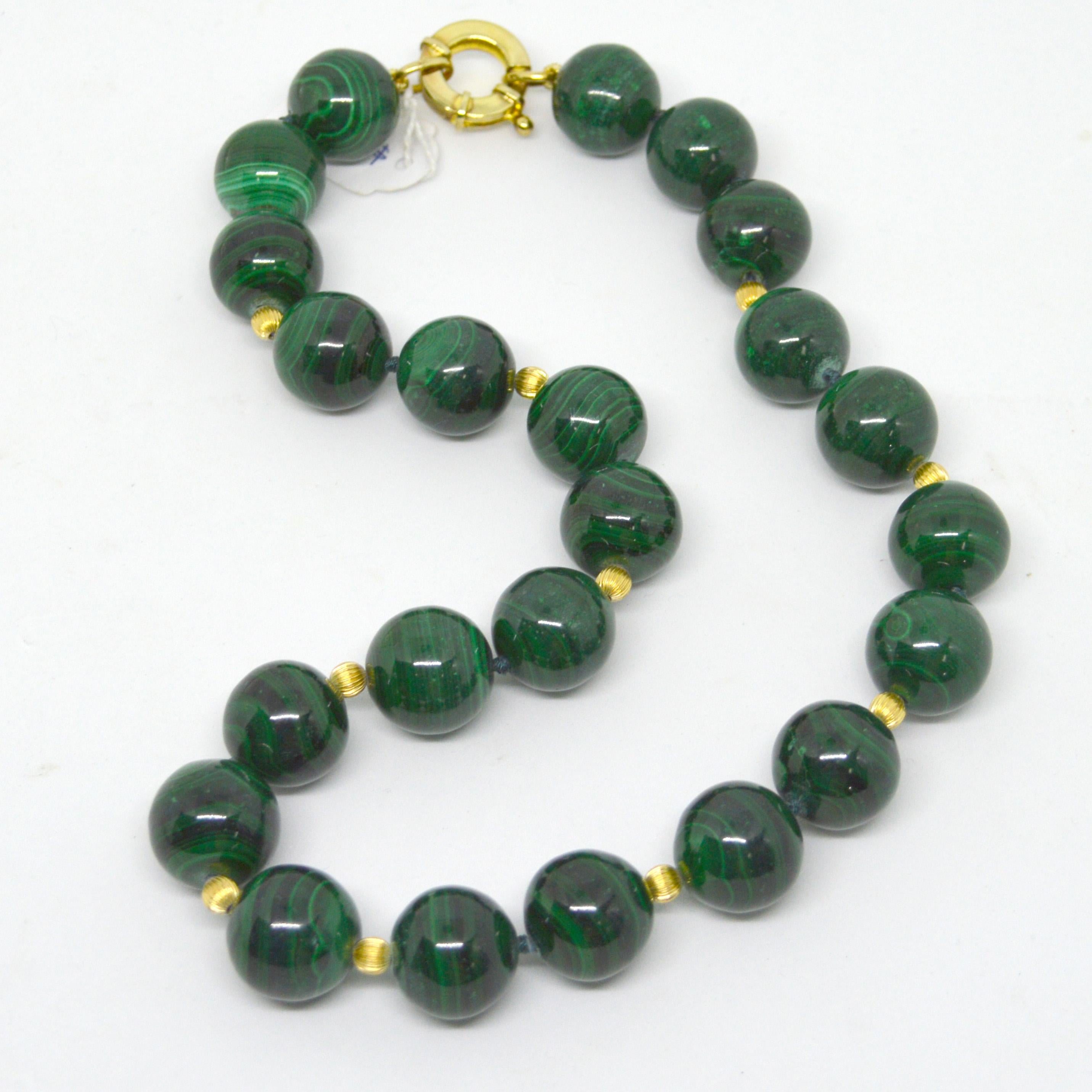 Modern Decadent Jewels Malachite Polished High Grade Spheres Gold Necklace For Sale