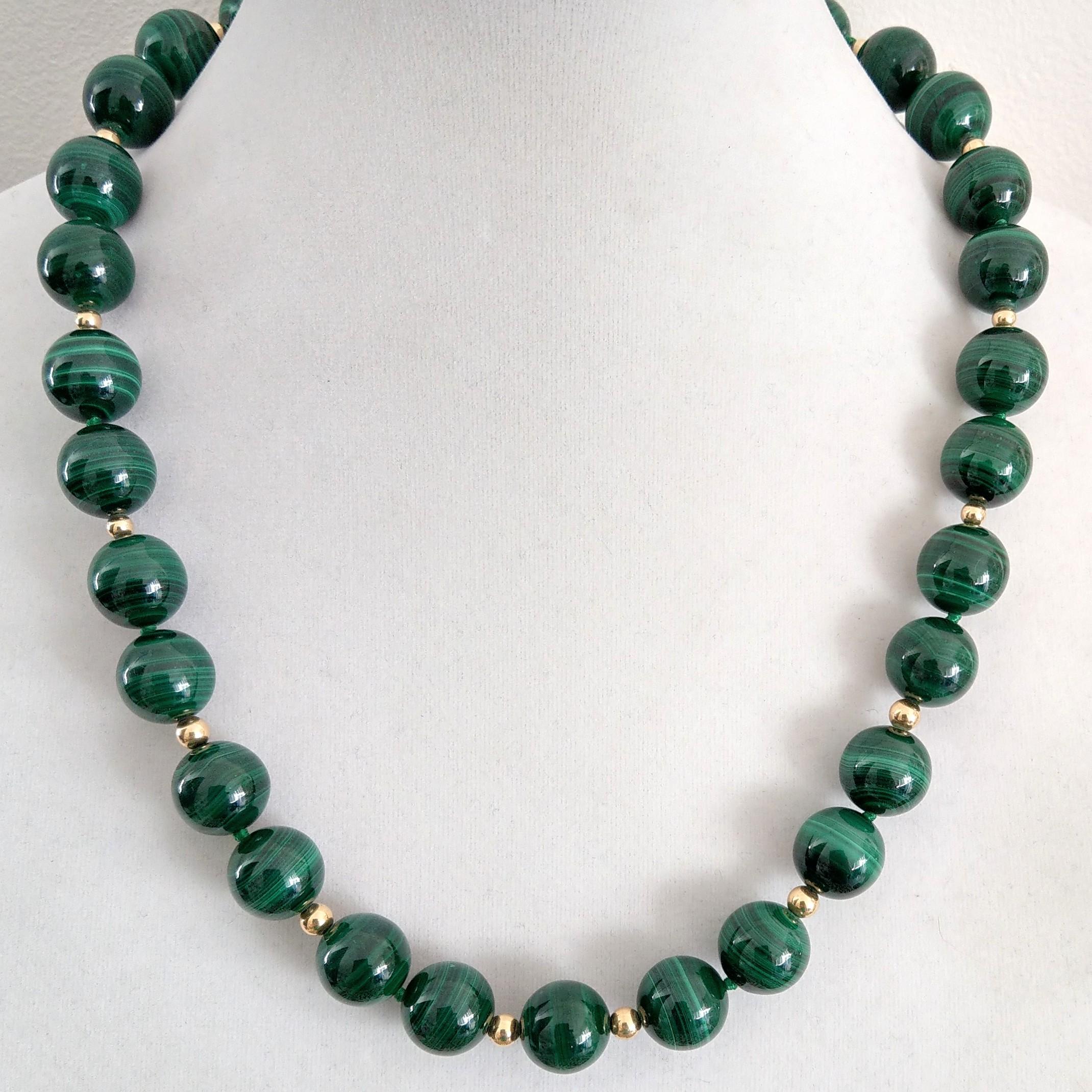 Decadent Jewels Malachite Polished High Grade Spheres Gold Necklace For Sale 1